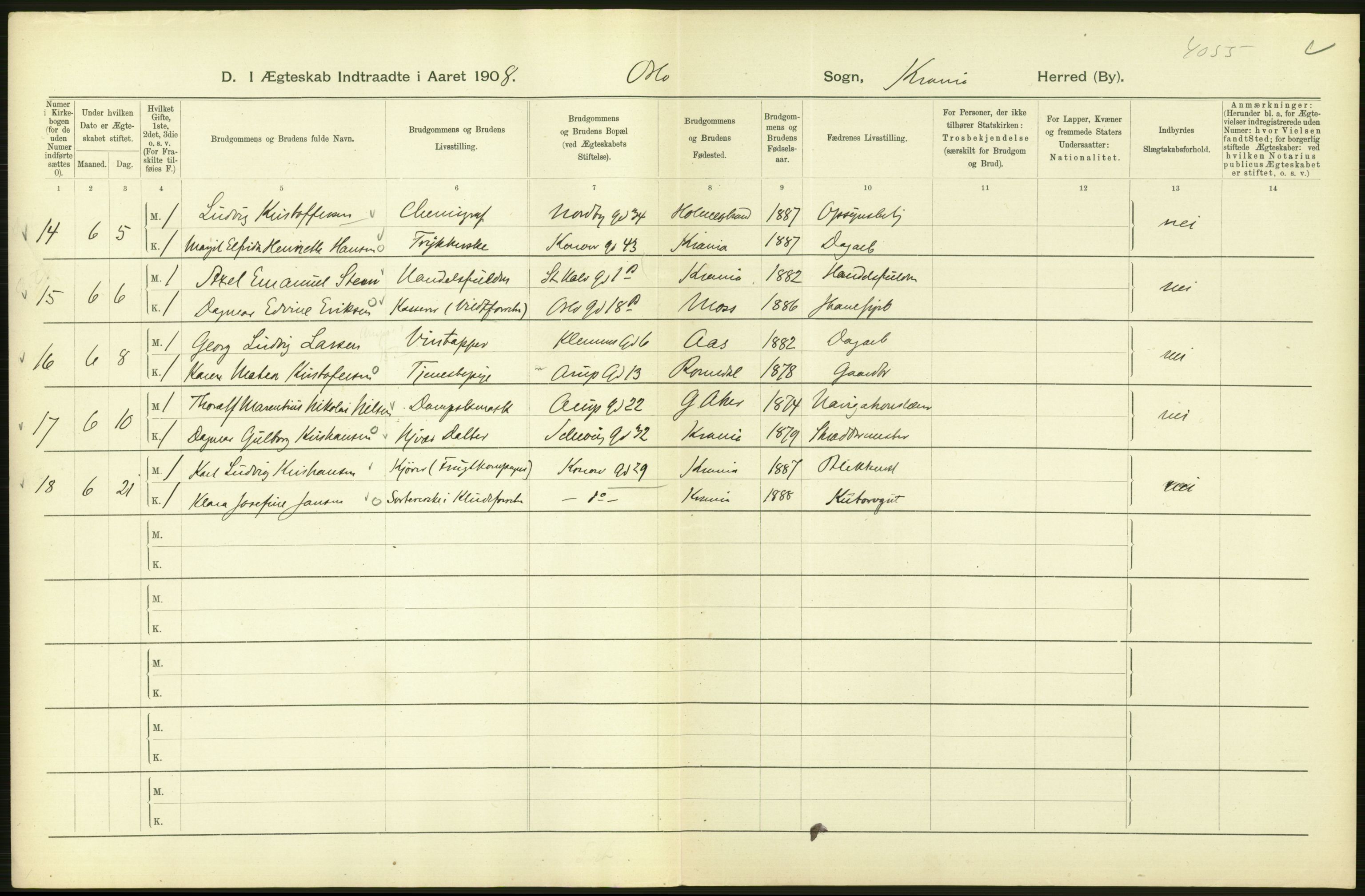 Statistisk sentralbyrå, Sosiodemografiske emner, Befolkning, AV/RA-S-2228/D/Df/Dfa/Dfaf/L0007: Kristiania: Gifte, 1908, p. 232