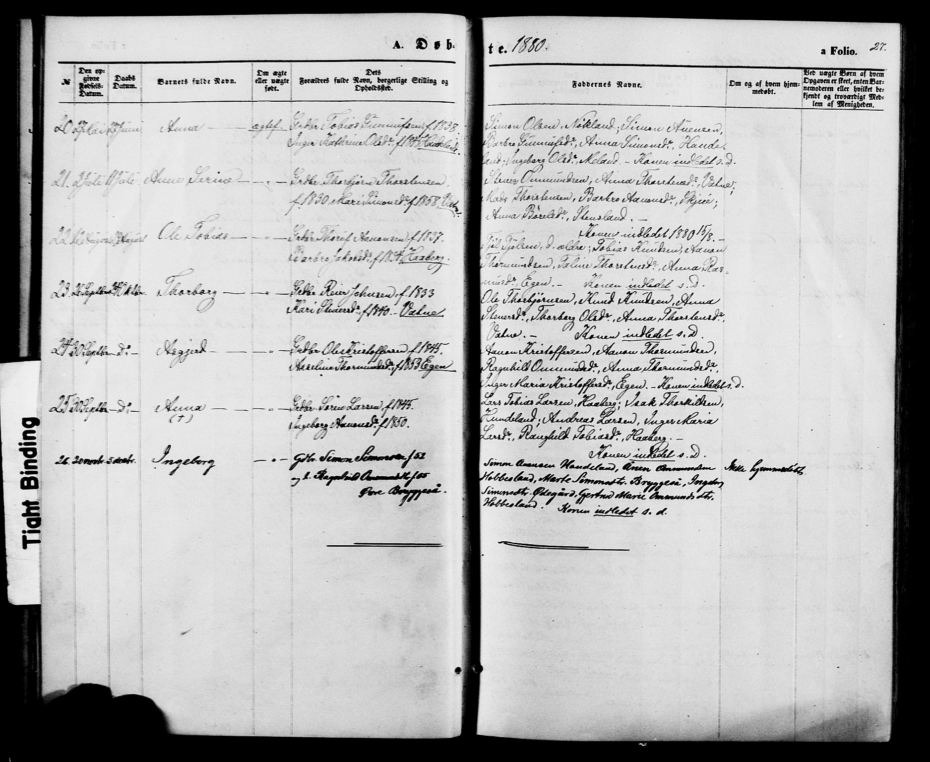Hægebostad sokneprestkontor, AV/SAK-1111-0024/F/Fa/Fab/L0003: Parish register (official) no. A 3, 1872-1886, p. 27