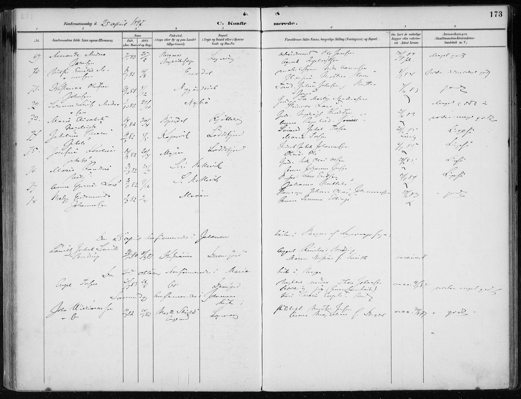 Askøy Sokneprestembete, AV/SAB-A-74101/H/Ha/Haa/Haae/L0003: Parish register (official) no. E 3, 1891-1903, p. 173
