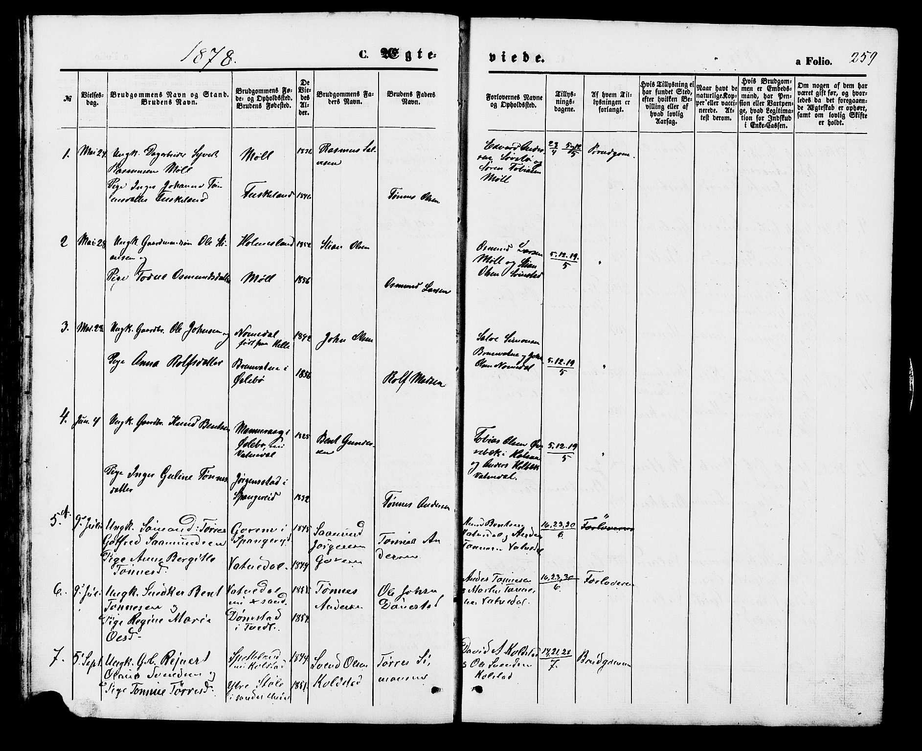Holum sokneprestkontor, AV/SAK-1111-0022/F/Fb/Fba/L0004: Parish register (copy) no. B 4, 1867-1890, p. 259