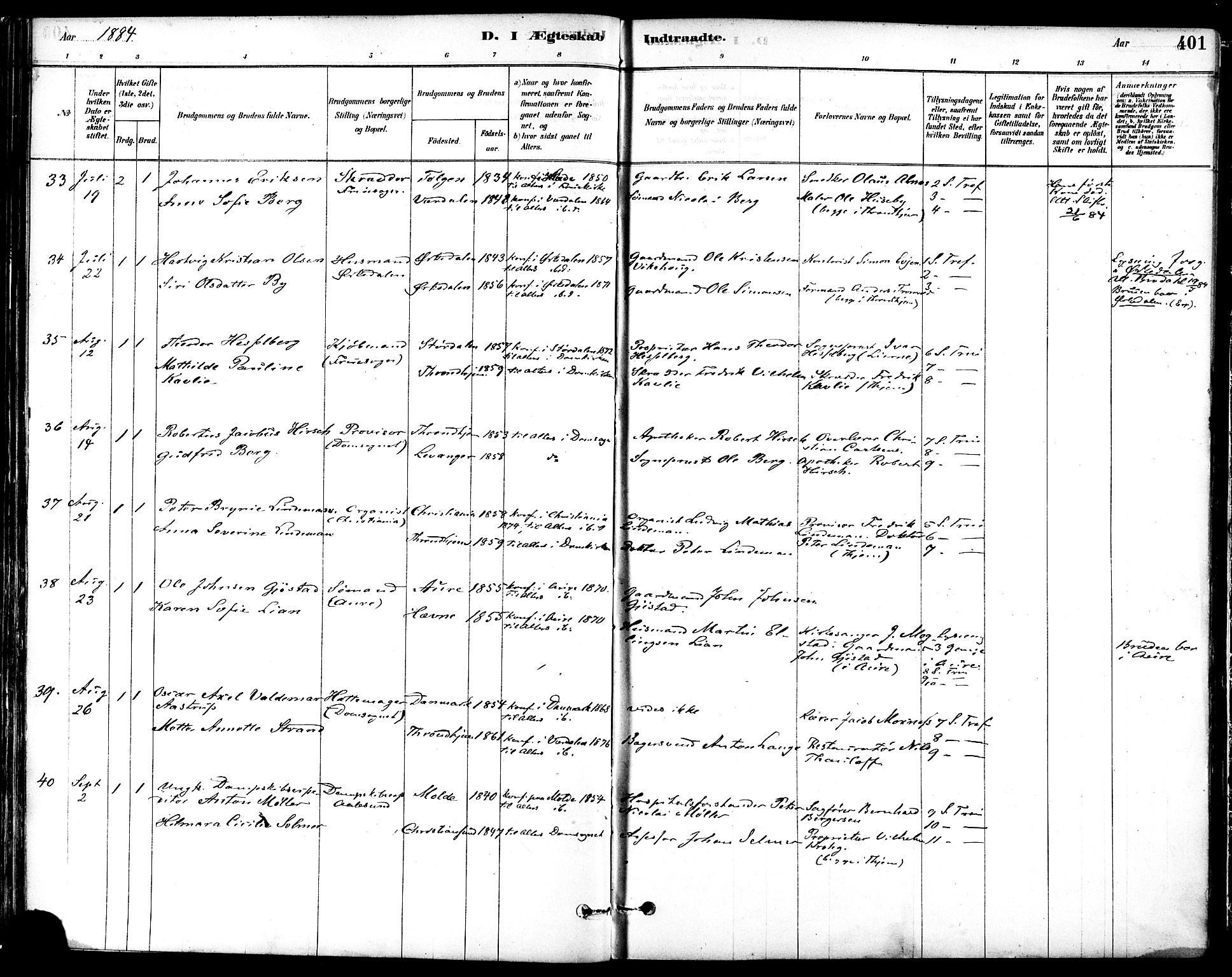 Ministerialprotokoller, klokkerbøker og fødselsregistre - Sør-Trøndelag, SAT/A-1456/601/L0058: Parish register (official) no. 601A26, 1877-1891, p. 401