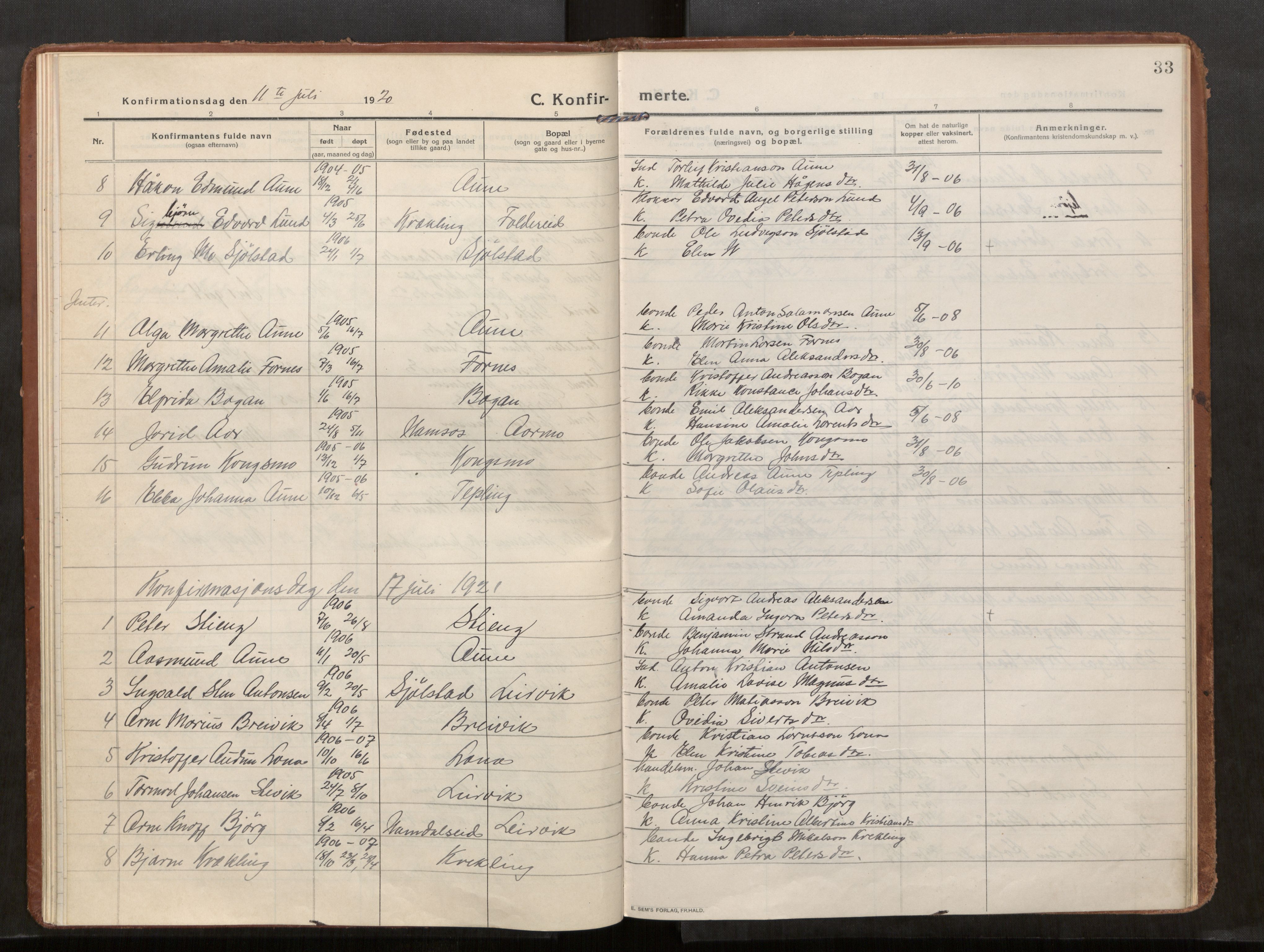 Kolvereid sokneprestkontor, SAT/A-1171/H/Ha/Haa/L0002: Parish register (official) no. 2, 1914-1926, p. 33