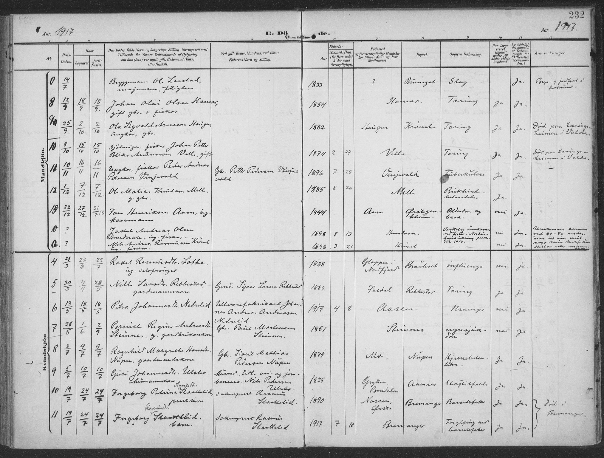 Ministerialprotokoller, klokkerbøker og fødselsregistre - Møre og Romsdal, AV/SAT-A-1454/513/L0178: Parish register (official) no. 513A05, 1906-1919, p. 232