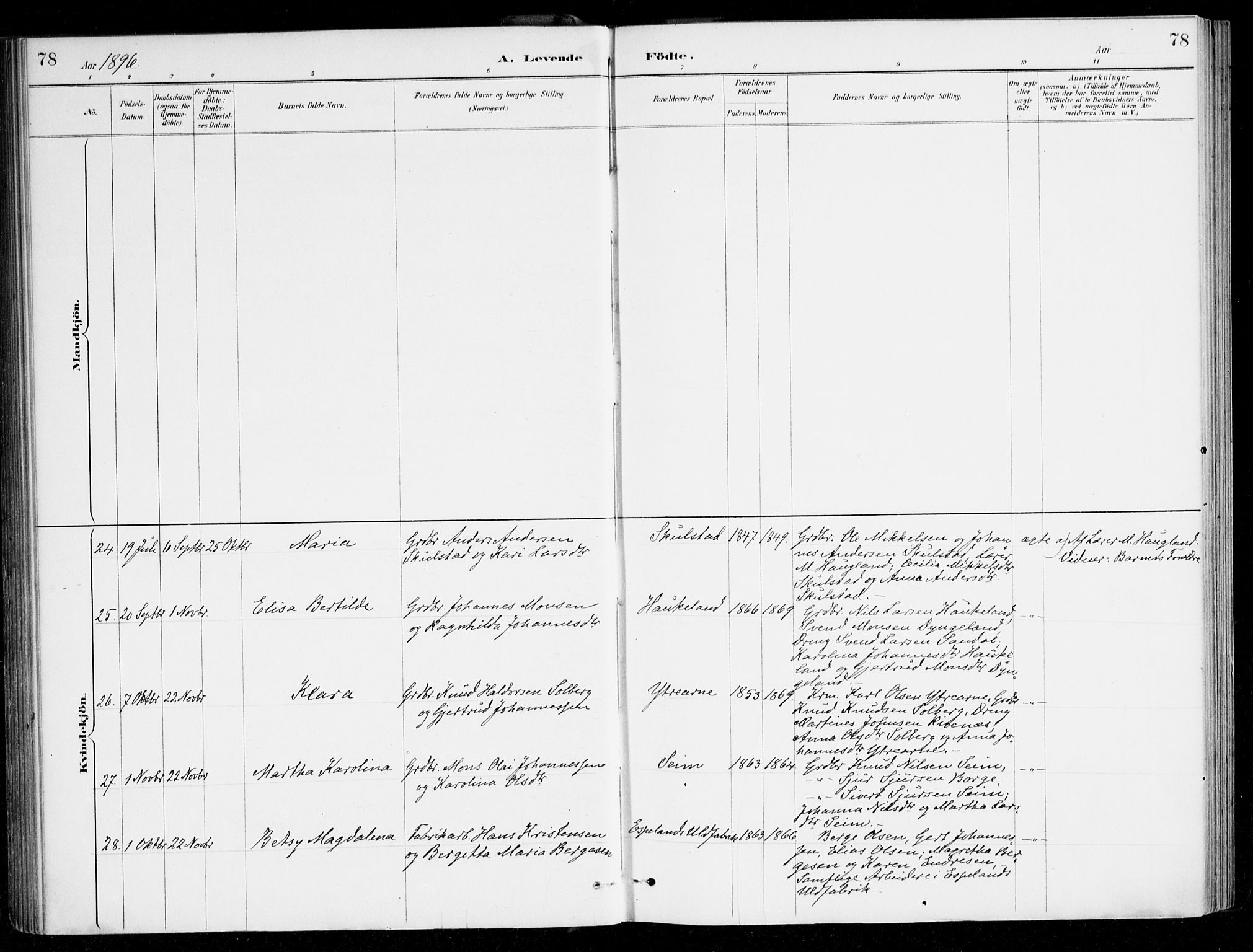 Haus sokneprestembete, AV/SAB-A-75601/H/Haa/Haad/L0001: Parish register (official) no. D 1, 1887-1898, p. 78