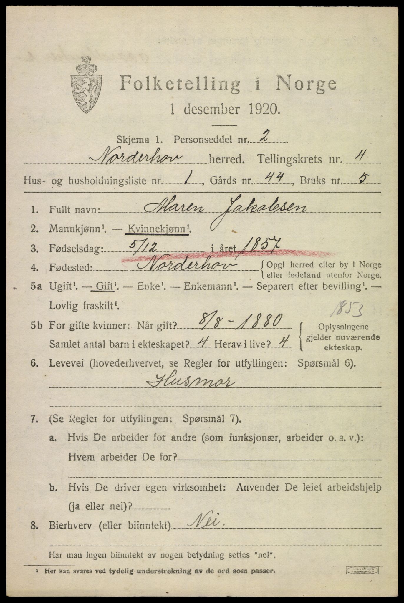 SAKO, 1920 census for Norderhov, 1920, p. 6205