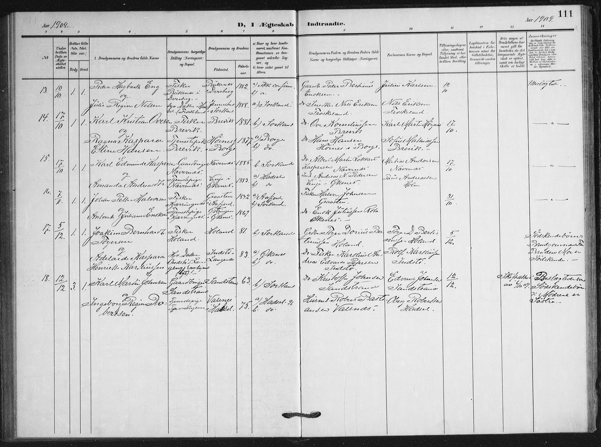 Ministerialprotokoller, klokkerbøker og fødselsregistre - Nordland, AV/SAT-A-1459/895/L1373: Parish register (official) no. 895A08, 1905-1915, p. 111