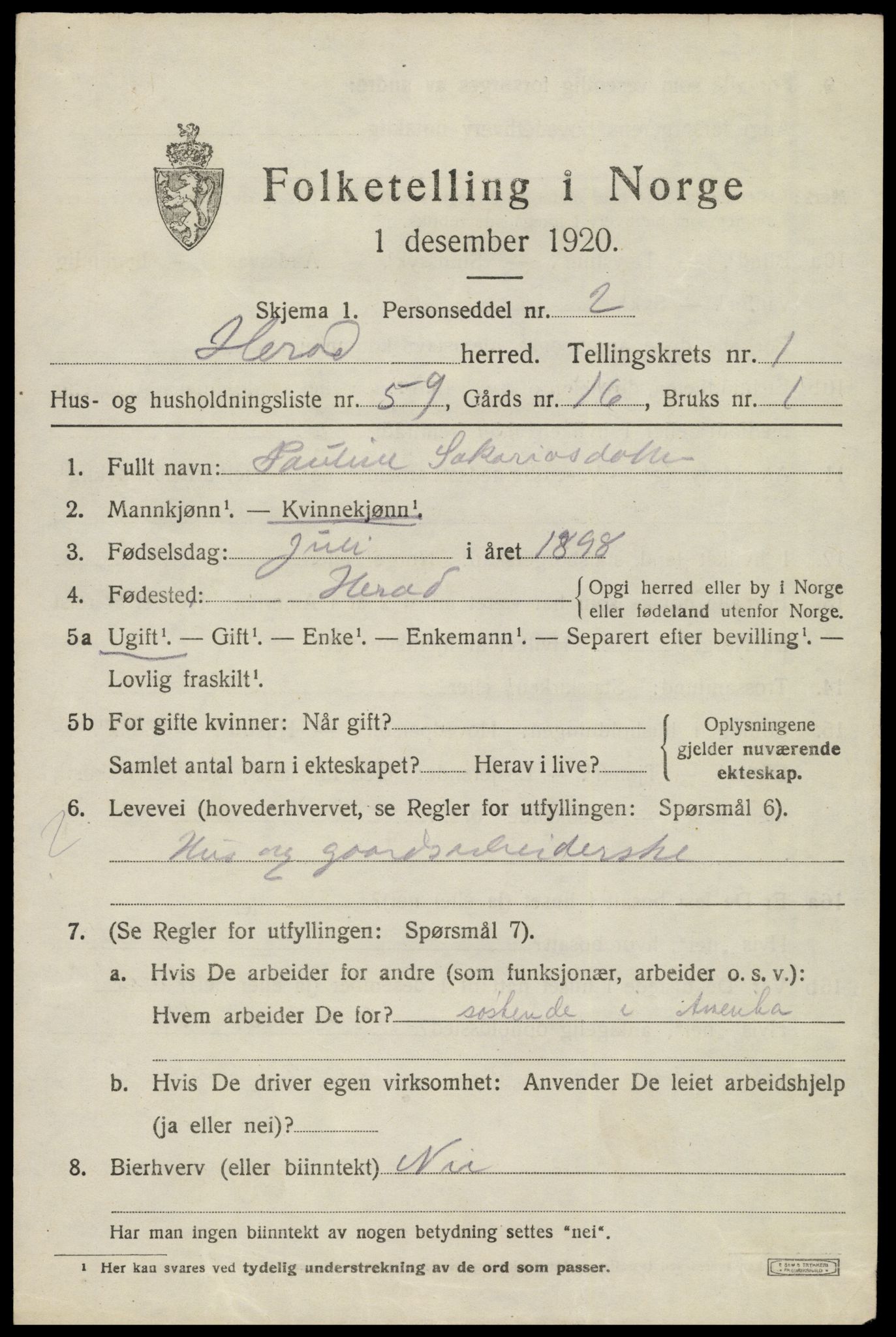 SAK, 1920 census for Herad, 1920, p. 1040