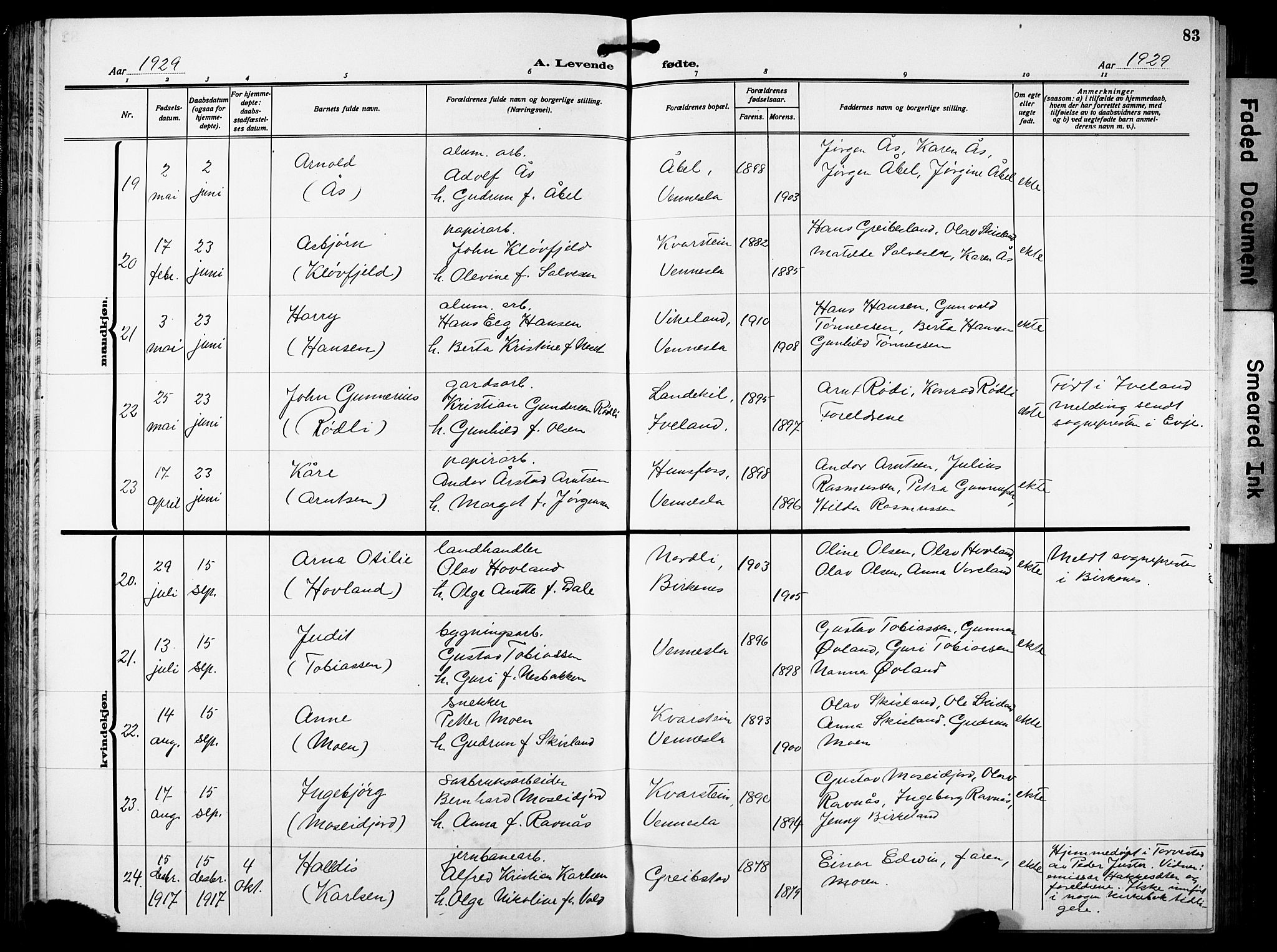 Vennesla sokneprestkontor, AV/SAK-1111-0045/Fb/Fbb/L0007: Parish register (copy) no. B 7, 1922-1933, p. 83