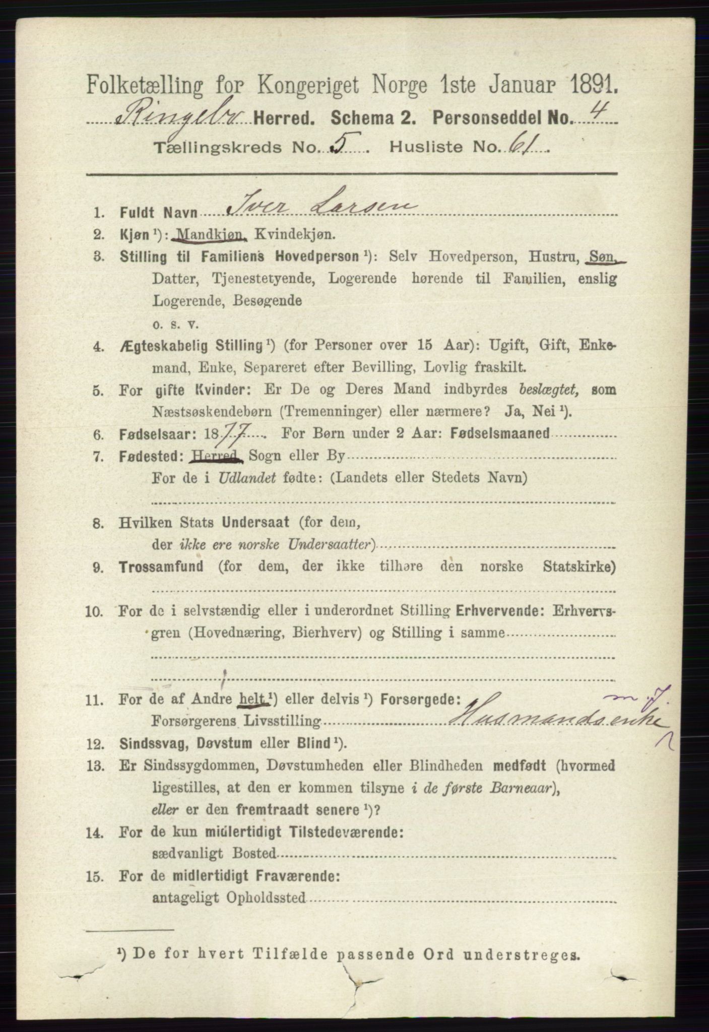 RA, 1891 census for 0520 Ringebu, 1891, p. 2348