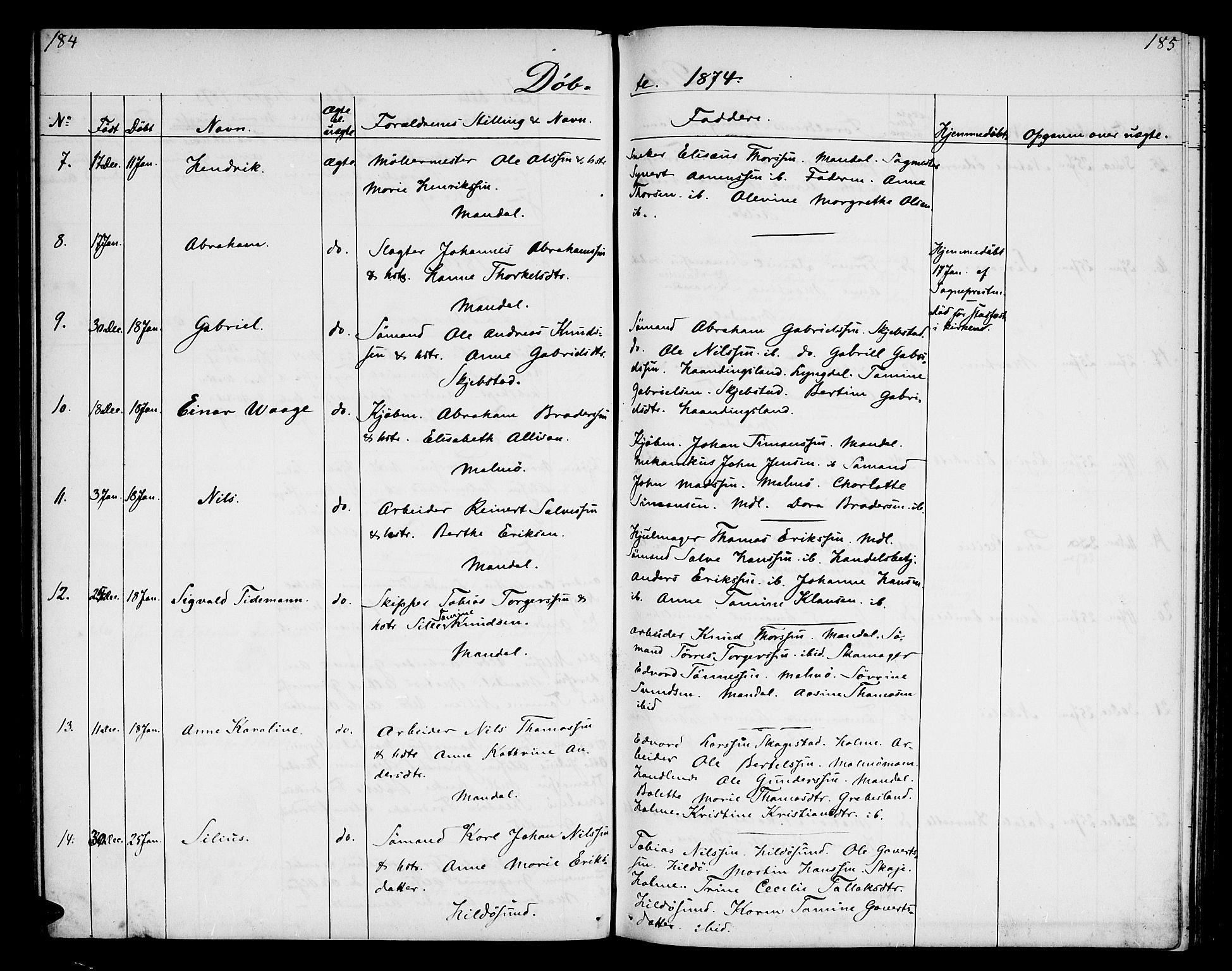 Mandal sokneprestkontor, AV/SAK-1111-0030/F/Fb/Fba/L0009: Parish register (copy) no. B 3, 1867-1877, p. 184-185