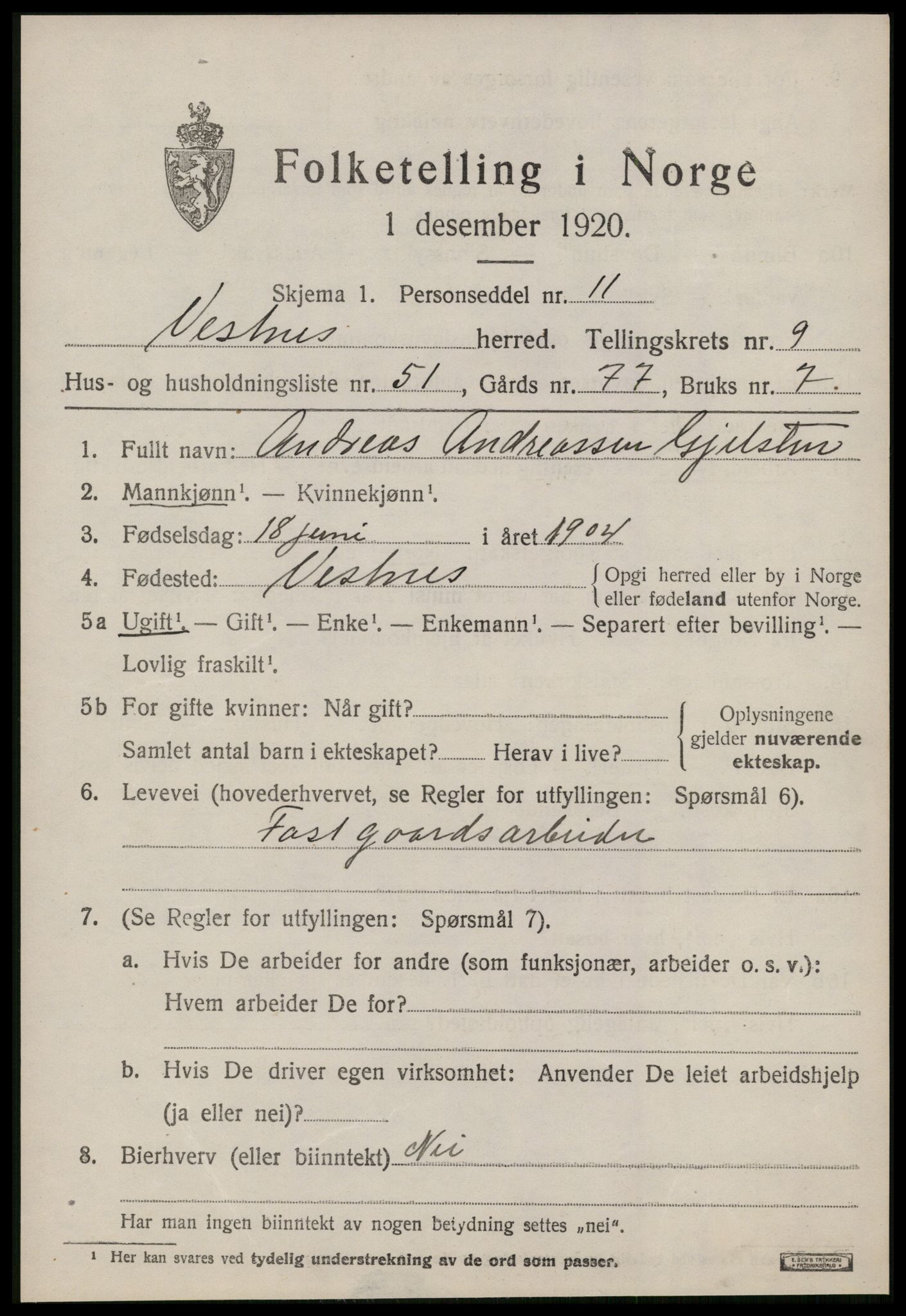 SAT, 1920 census for Vestnes, 1920, p. 6477