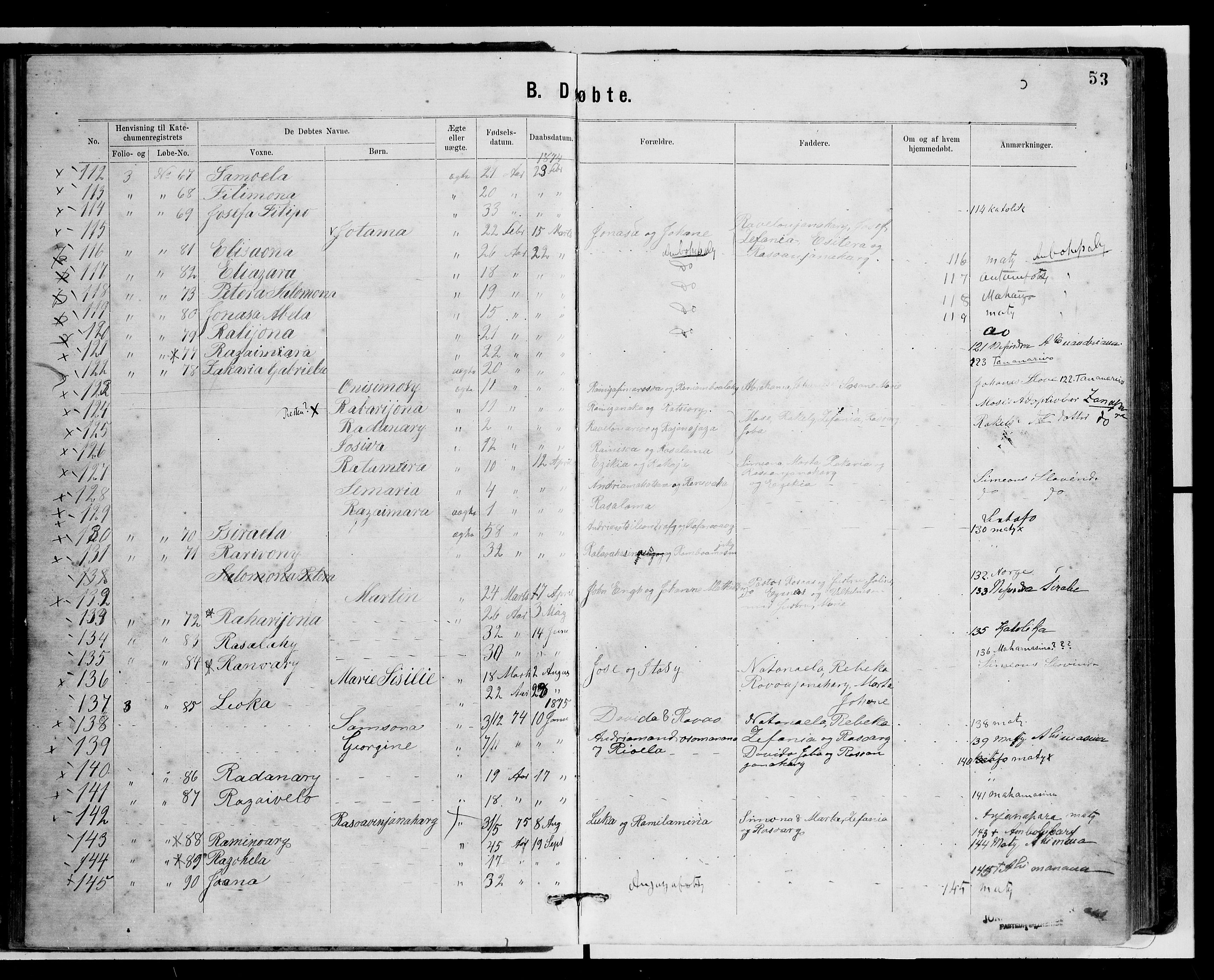 Archives FLM/NMS, Madagaskar, VID/MA-A-1163/D/Db/L0269: Parish register (official) no. 1, 1867-1884, p. 53