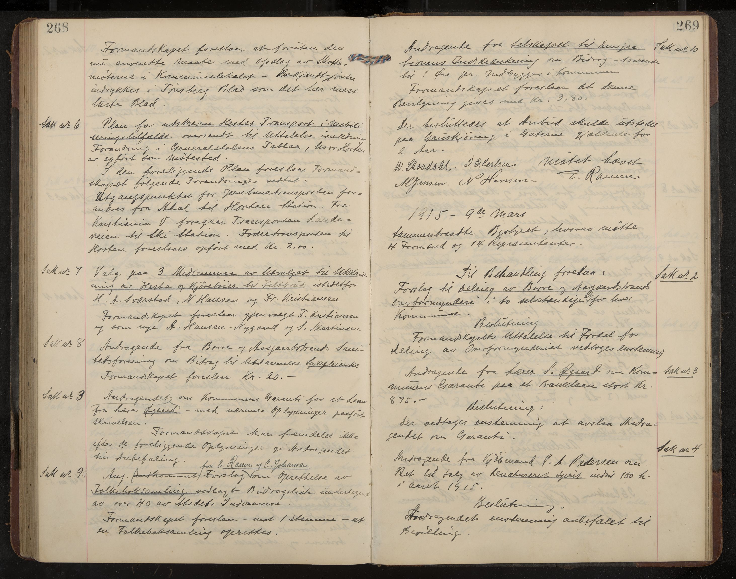 Åsgårdstrand formannskap og sentraladministrasjon, IKAK/0704021/A/L0004: Møtebok med register, 1908-1915, p. 268-269