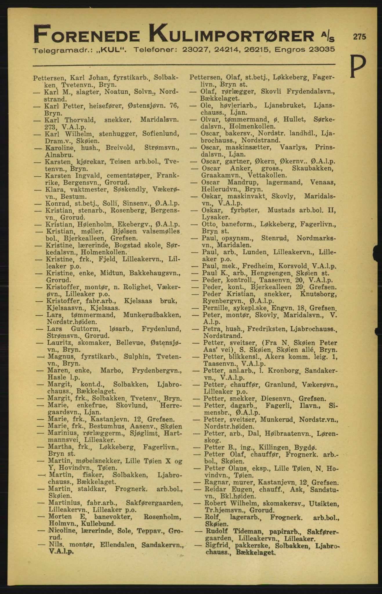 Aker adressebok/adressekalender, PUBL/001/A/003: Akers adressekalender, 1924-1925, p. 275