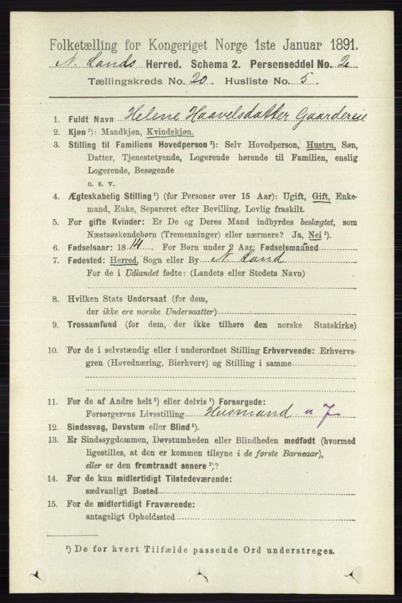 RA, 1891 census for 0538 Nordre Land, 1891, p. 4904