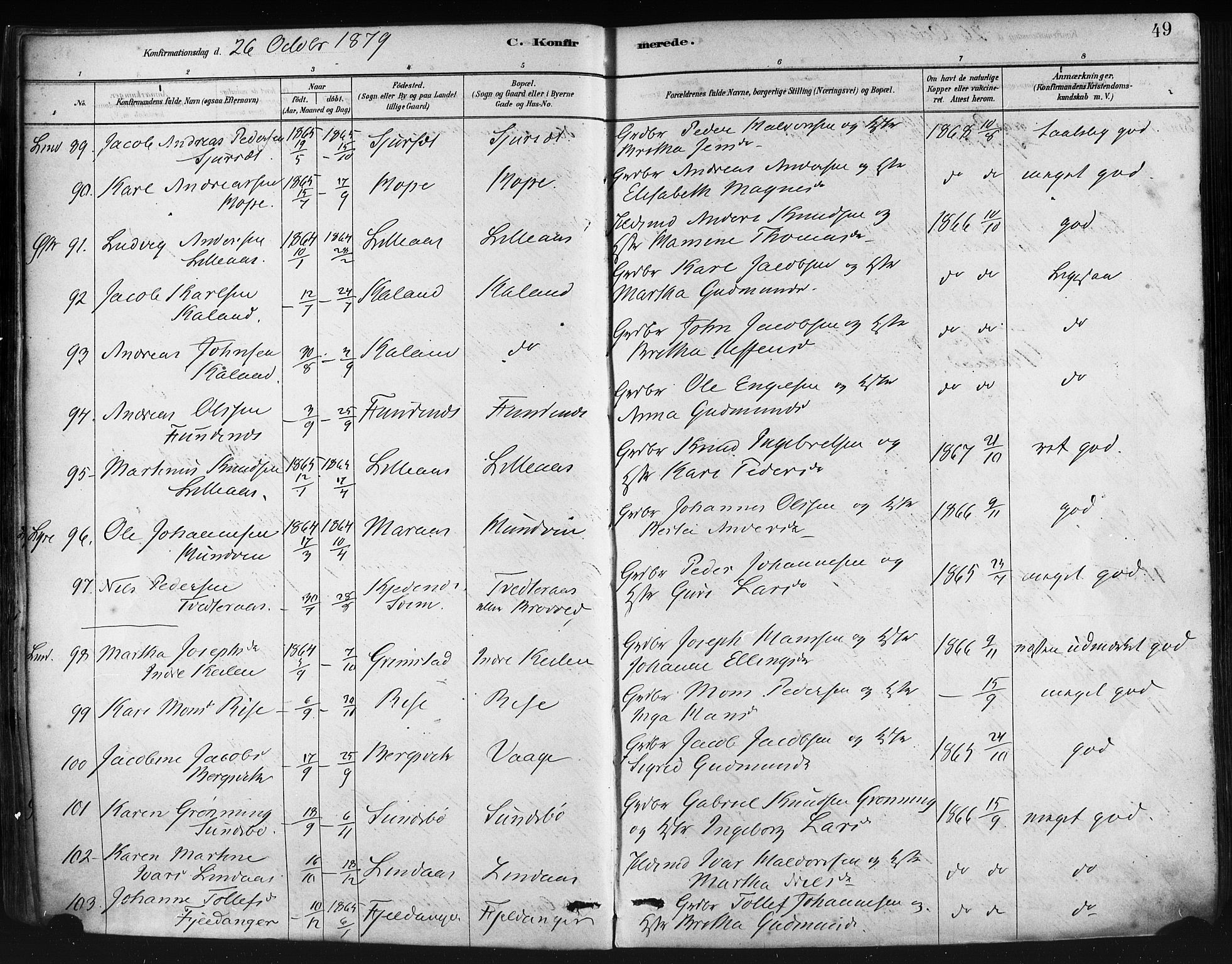 Lindås Sokneprestembete, SAB/A-76701/H/Haa: Parish register (official) no. A 19, 1878-1912, p. 49