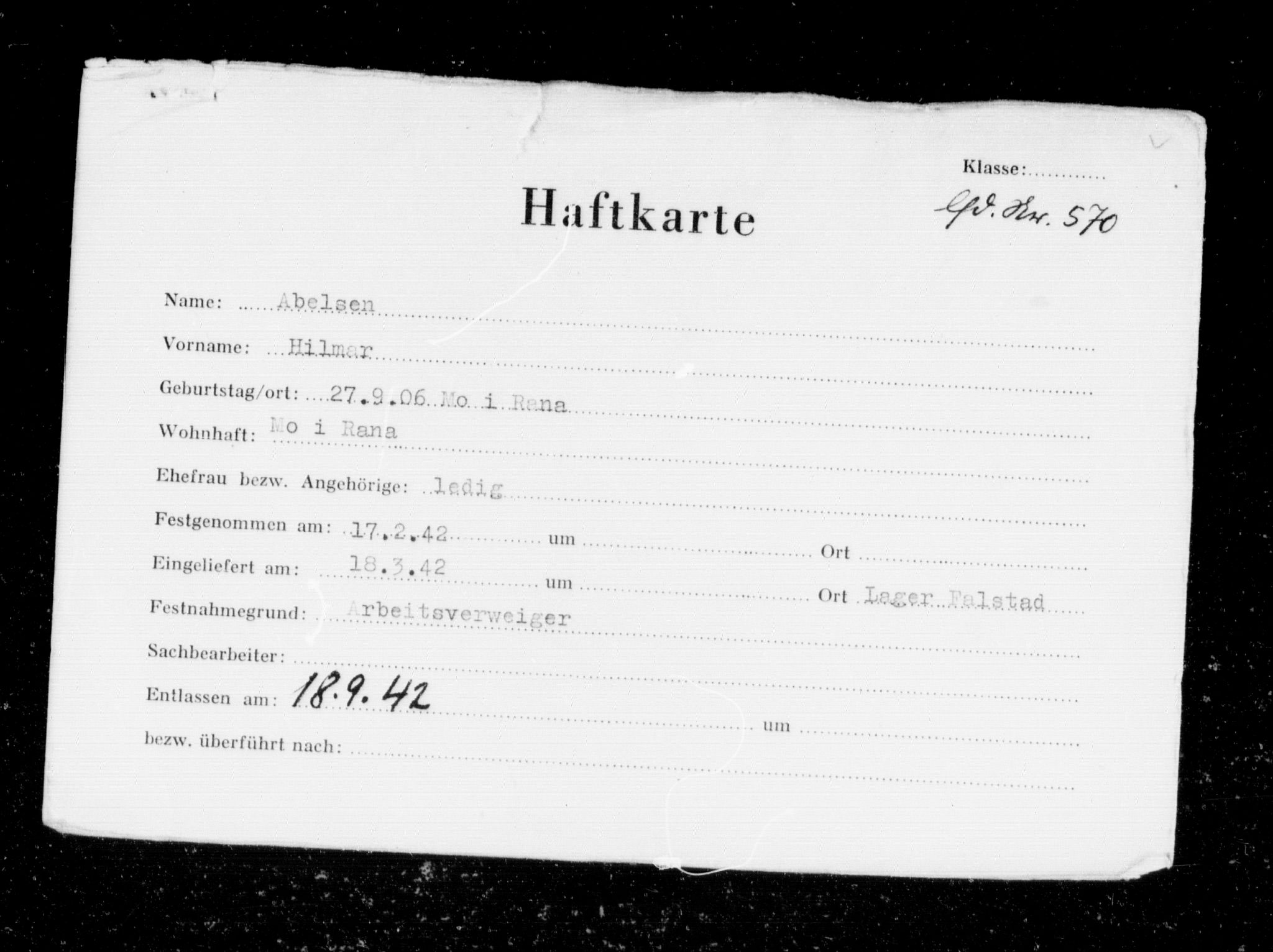 Befehlshaber der Sicherheitspolizei und des SD, AV/RA-RAFA-5969/F/Fc/L0002: Fangeregister Falstad: A - Brauten, 1941-1945