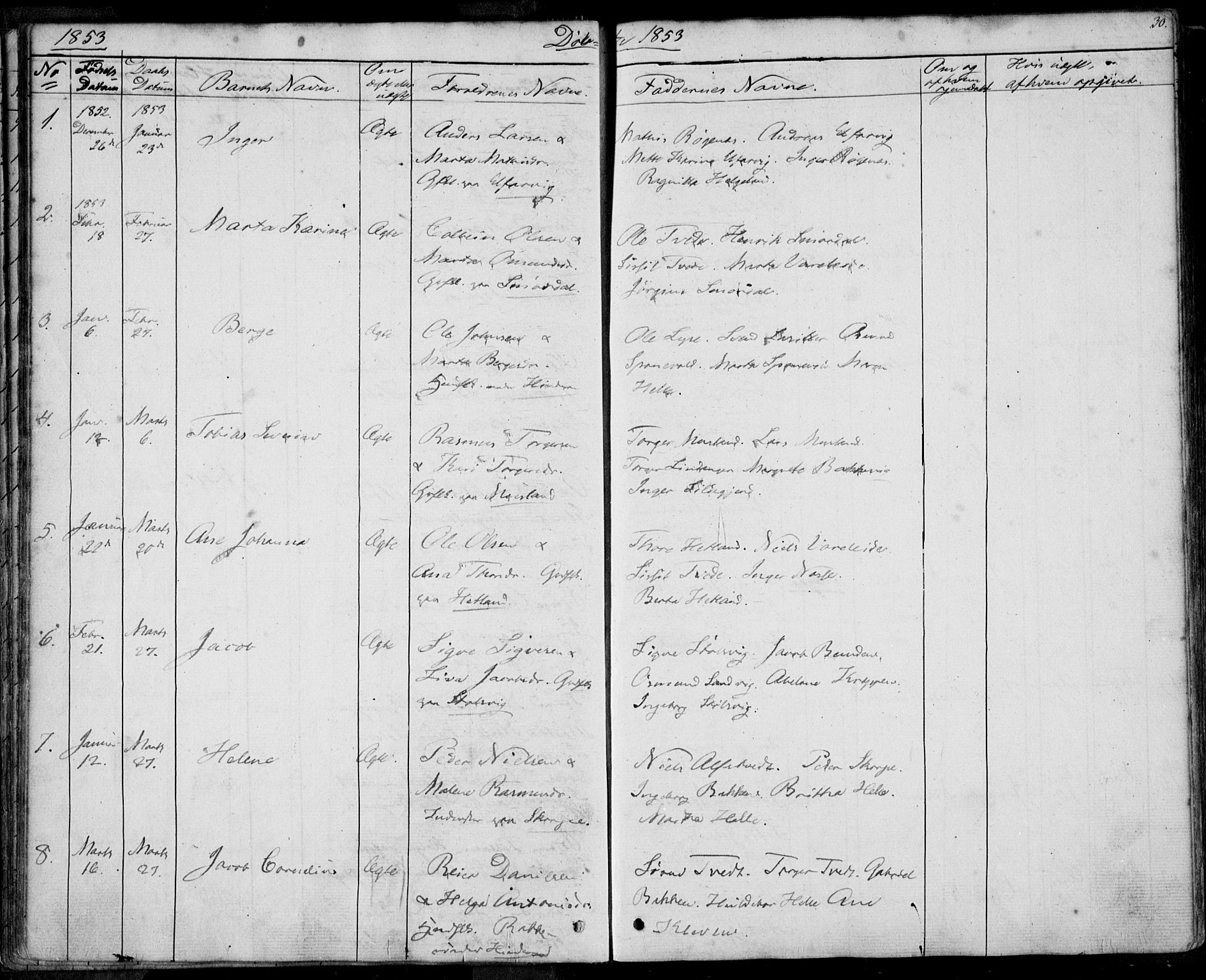Nedstrand sokneprestkontor, SAST/A-101841/01/IV: Parish register (official) no. A 8, 1839-1860, p. 30