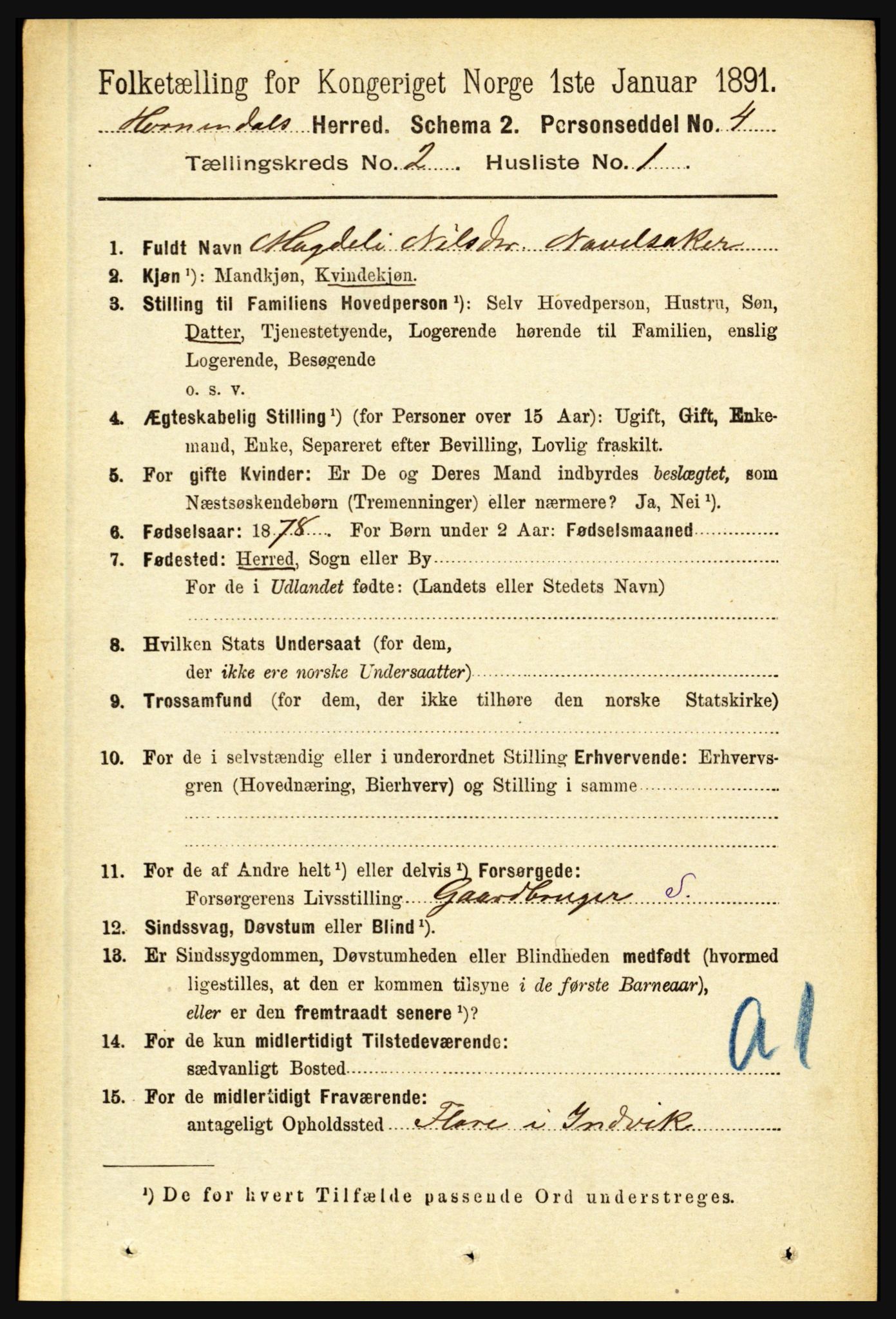 RA, 1891 census for 1444 Hornindal, 1891, p. 328