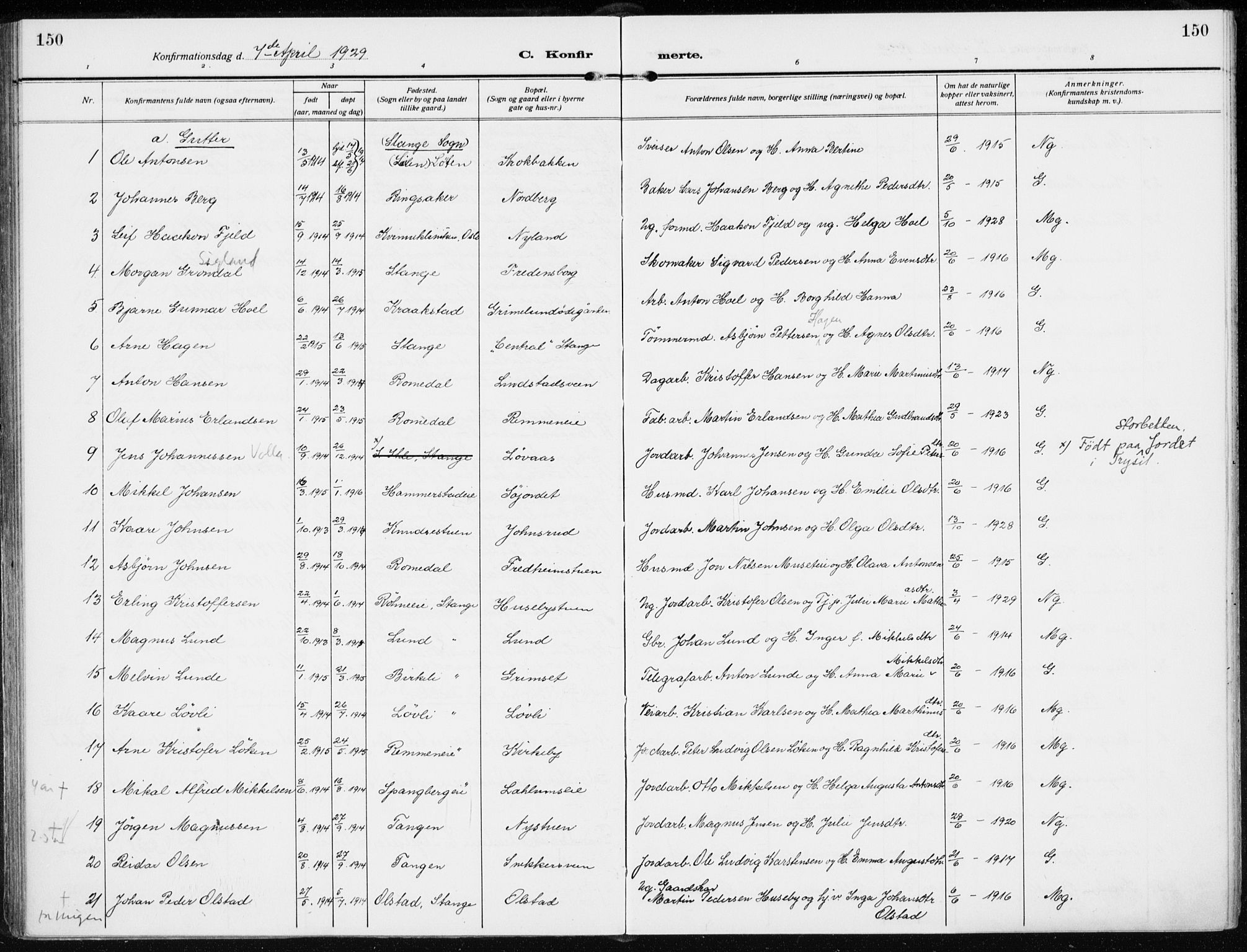 Stange prestekontor, AV/SAH-PREST-002/K/L0026: Parish register (official) no. 26, 1923-1937, p. 150