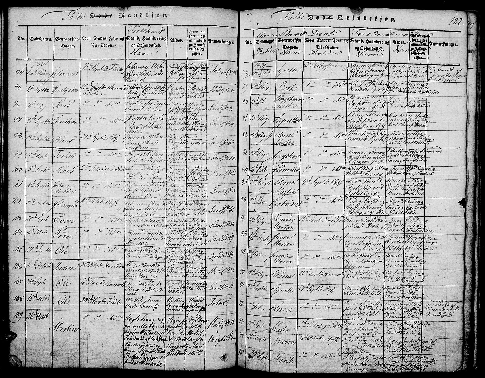 Land prestekontor, AV/SAH-PREST-120/H/Ha/Hab/L0001: Parish register (copy) no. 1, 1814-1833, p. 182