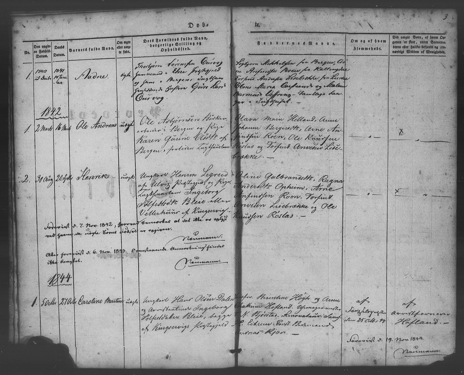 Bergens straffeanstalt, SAB/A-100323: Parish register (official) no. A 1, 1841-1884, p. 3