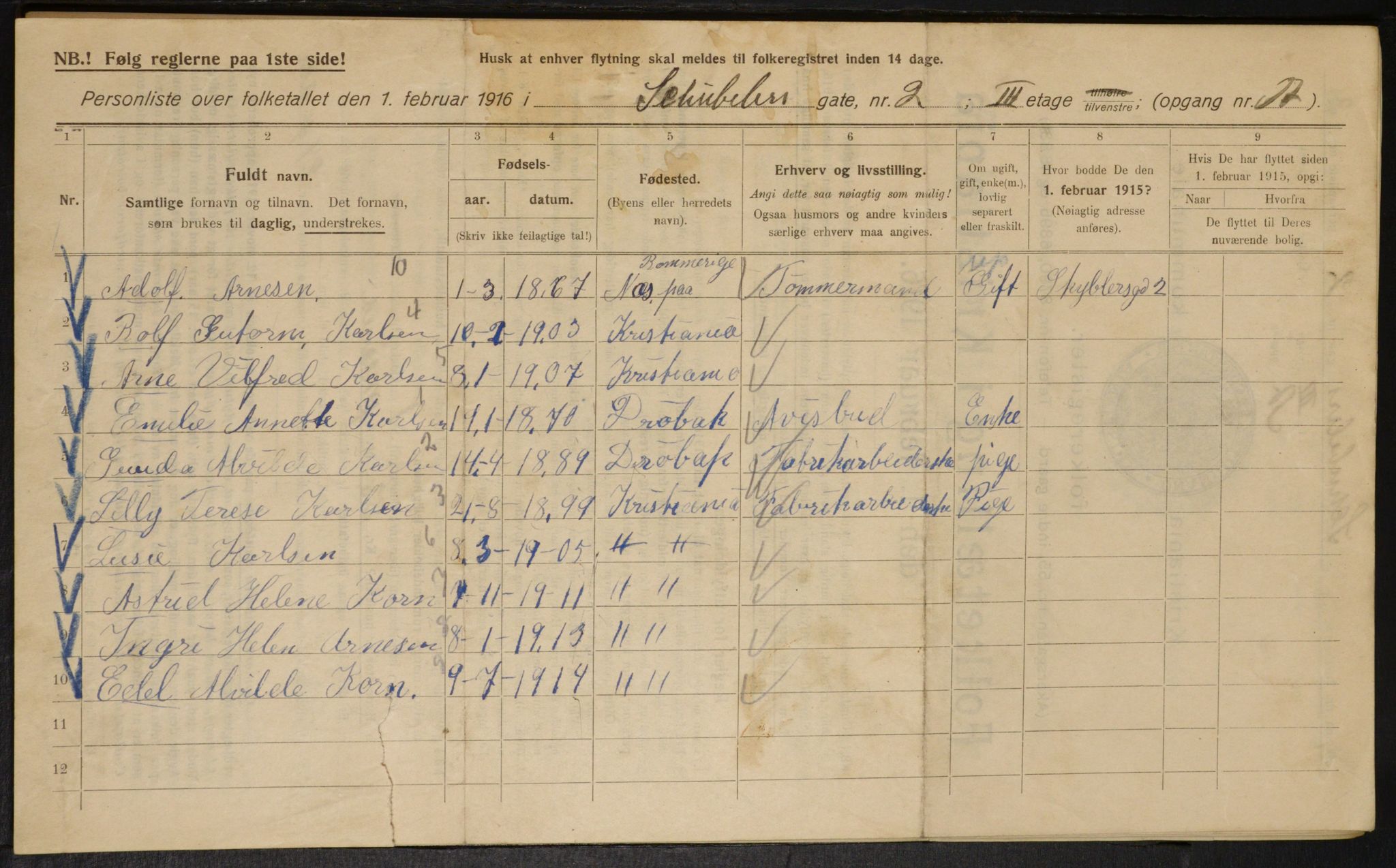 OBA, Municipal Census 1916 for Kristiania, 1916, p. 95111