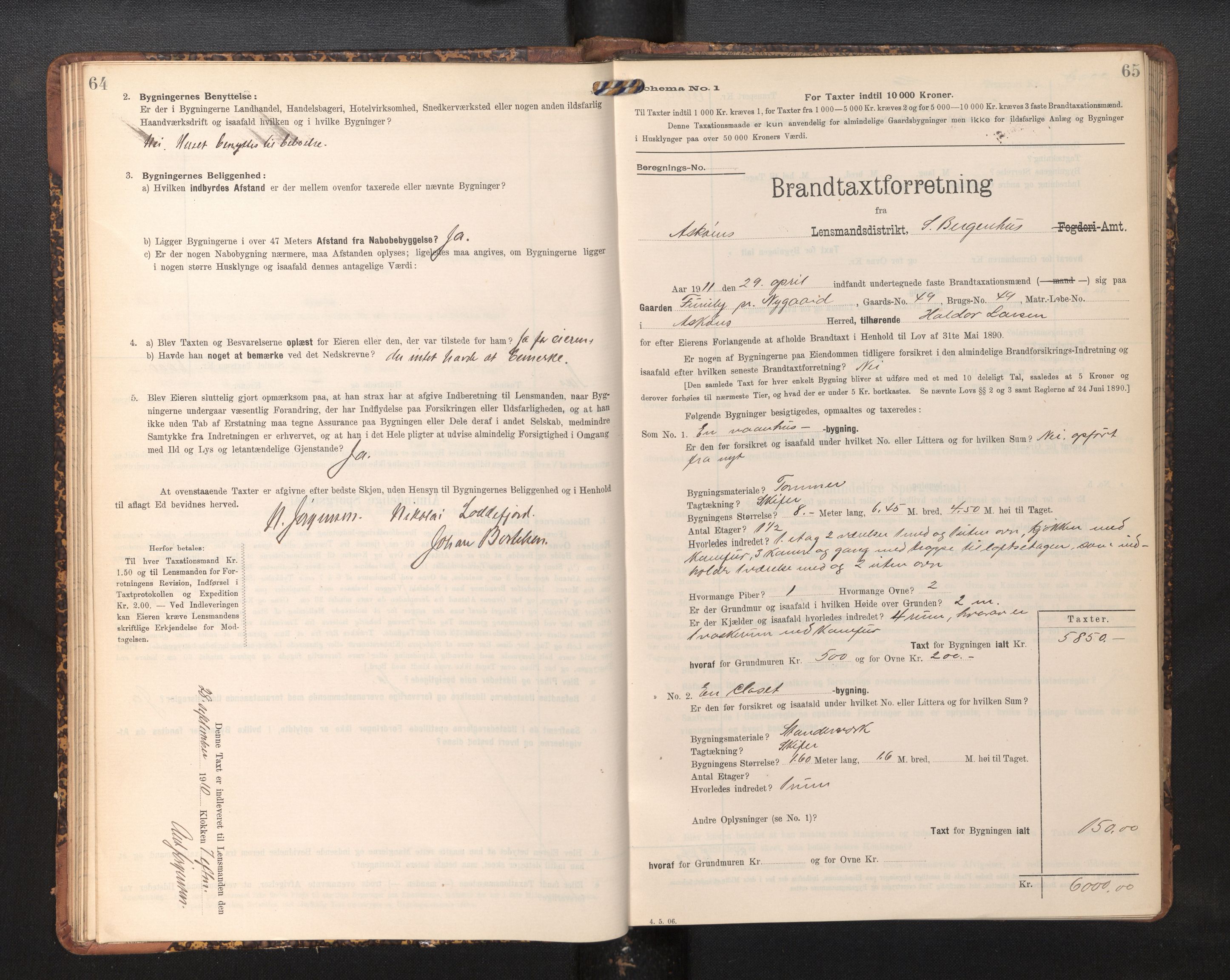 Lensmannen i Askøy, AV/SAB-A-31001/0012/L0006: Branntakstprotokoll, skjematakst, Laksevåg, 1907-1917, p. 64-65