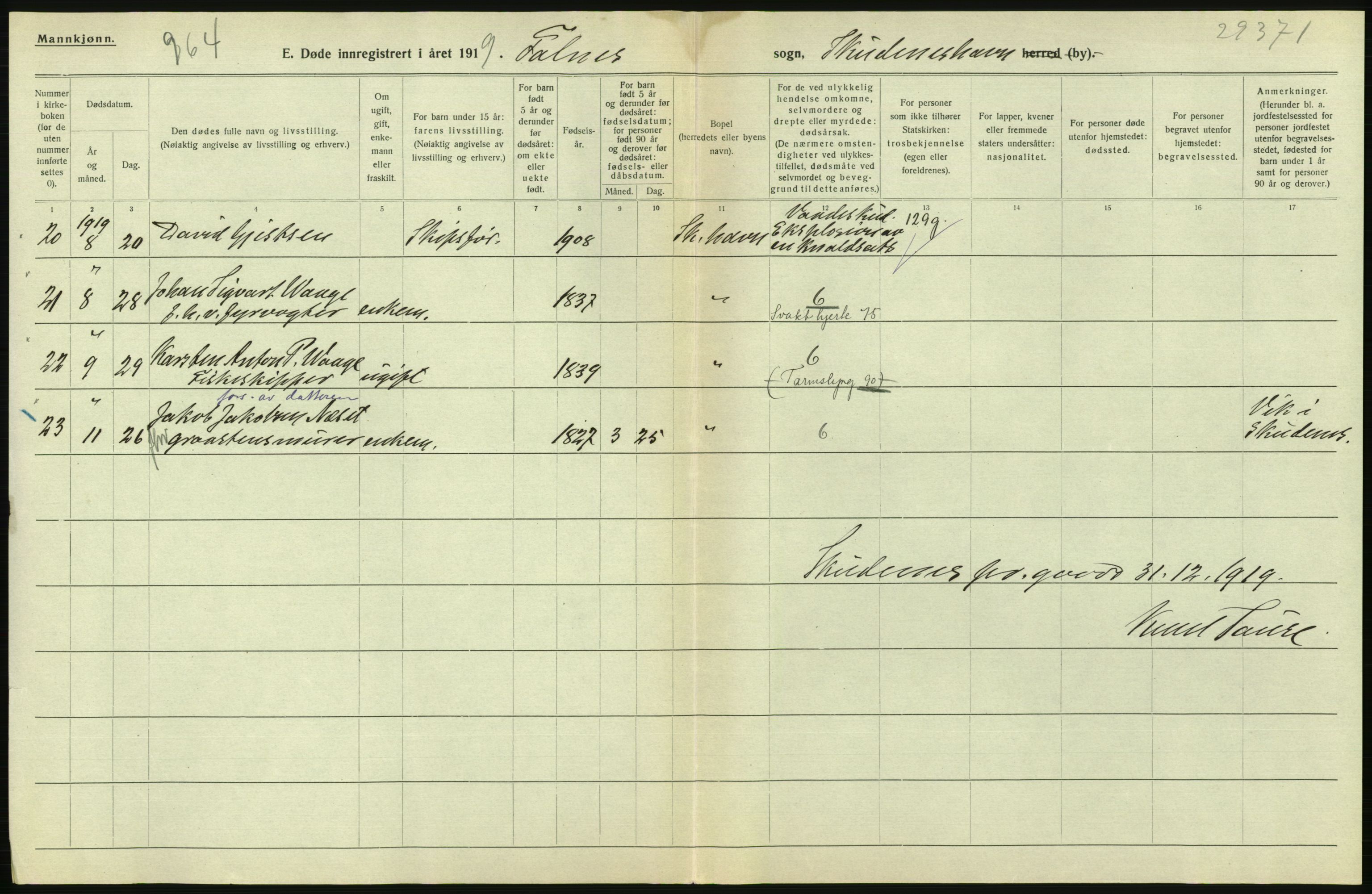 Statistisk sentralbyrå, Sosiodemografiske emner, Befolkning, AV/RA-S-2228/D/Df/Dfb/Dfbi/L0030: Rogaland fylke: Døde. Bygder og byer., 1919, p. 448