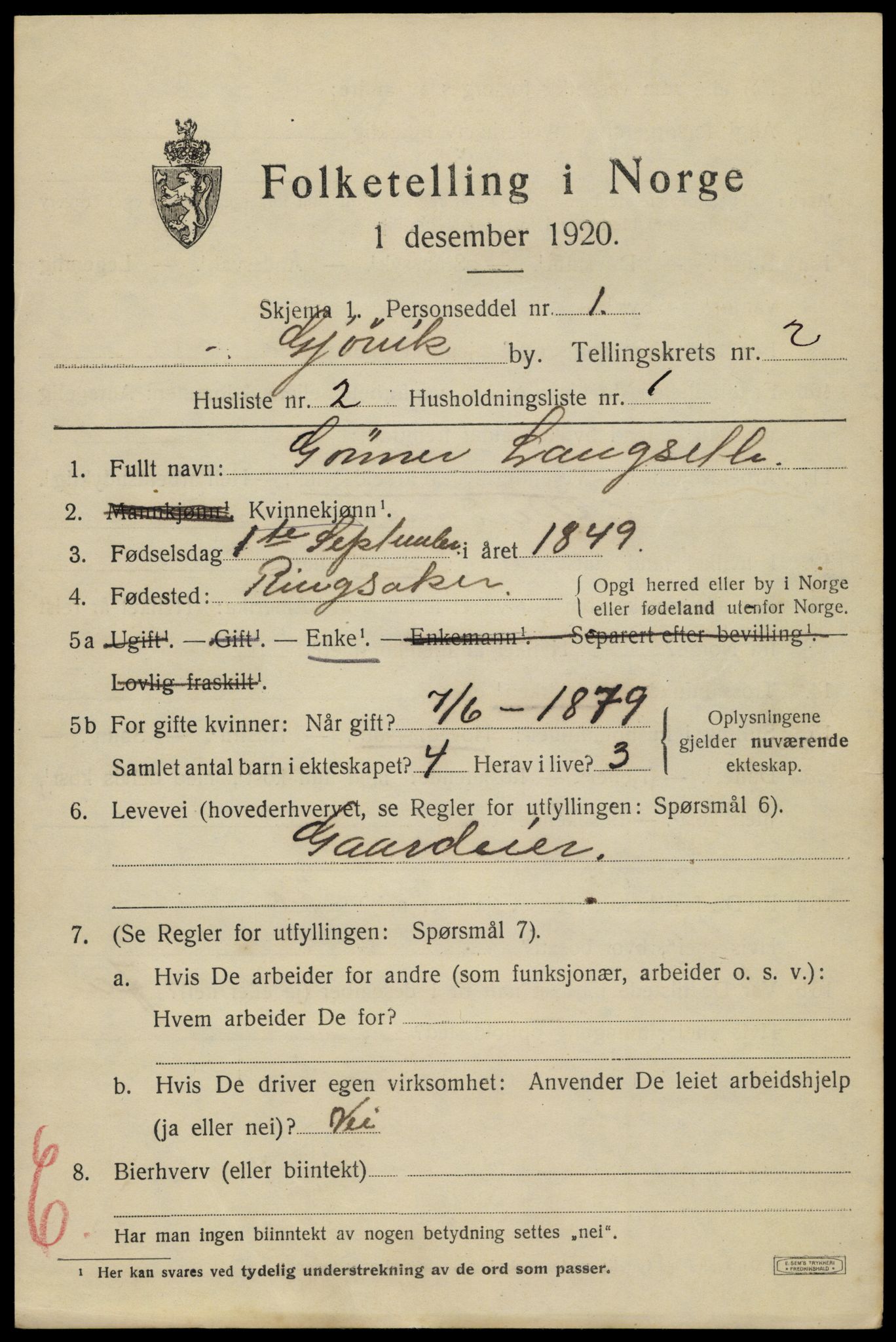 SAH, 1920 census for Gjøvik, 1920, p. 4396