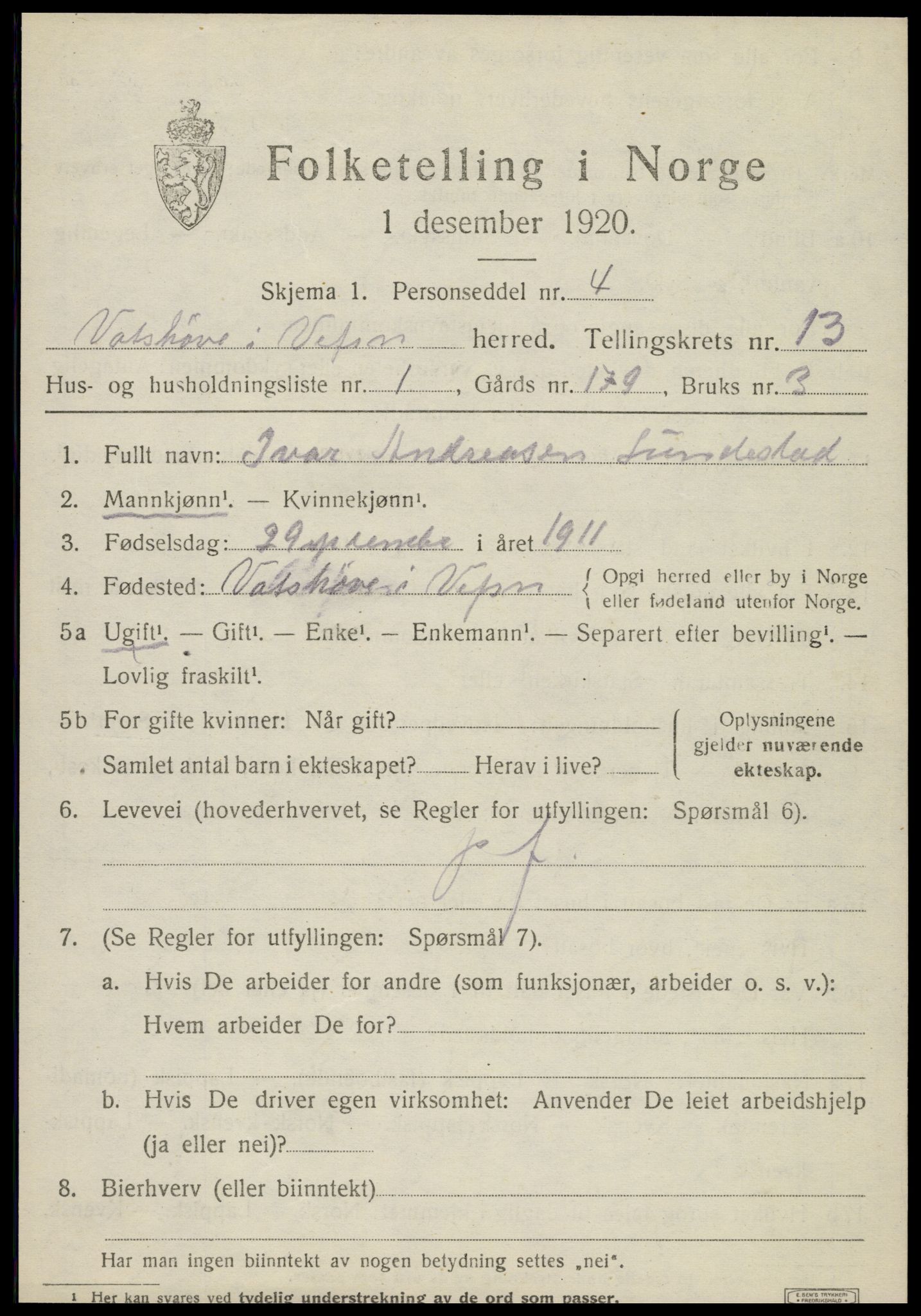 SAT, 1920 census for Vefsn, 1920, p. 10157