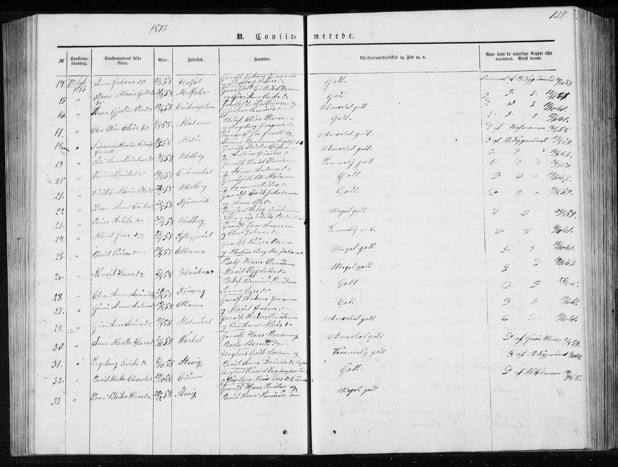 Ministerialprotokoller, klokkerbøker og fødselsregistre - Møre og Romsdal, SAT/A-1454/565/L0754: Parish register (copy) no. 565C03, 1870-1896, p. 138