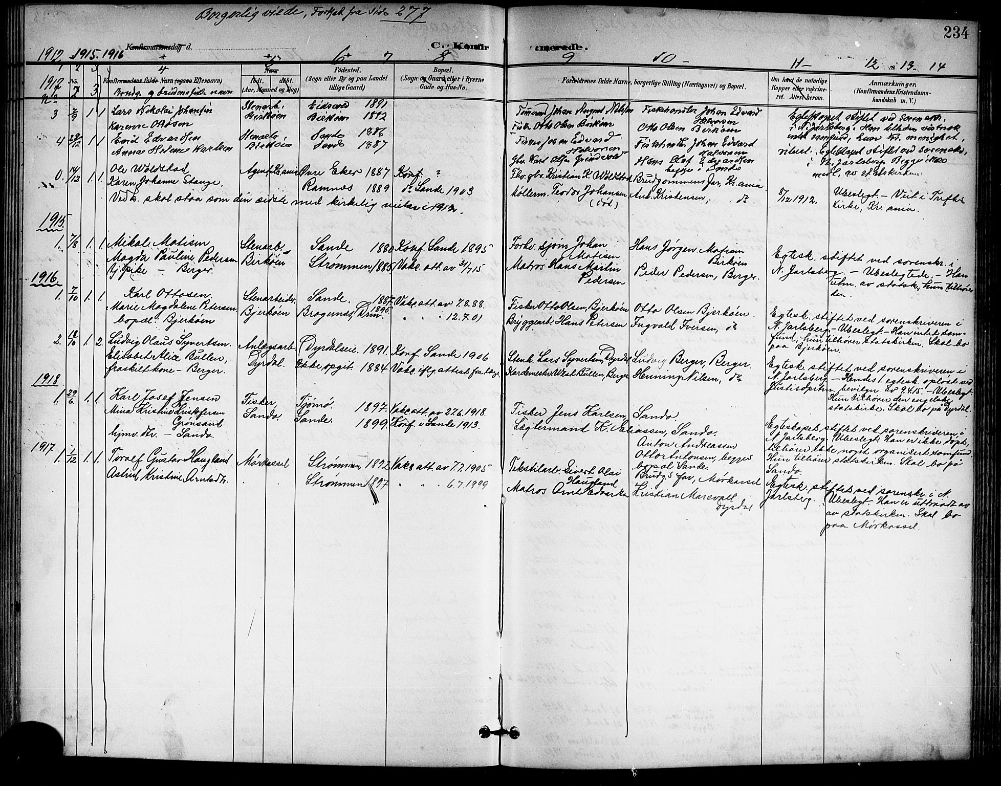 Sande Kirkebøker, SAKO/A-53/G/Ga/L0004: Parish register (copy) no. 4, 1895-1918, p. 234