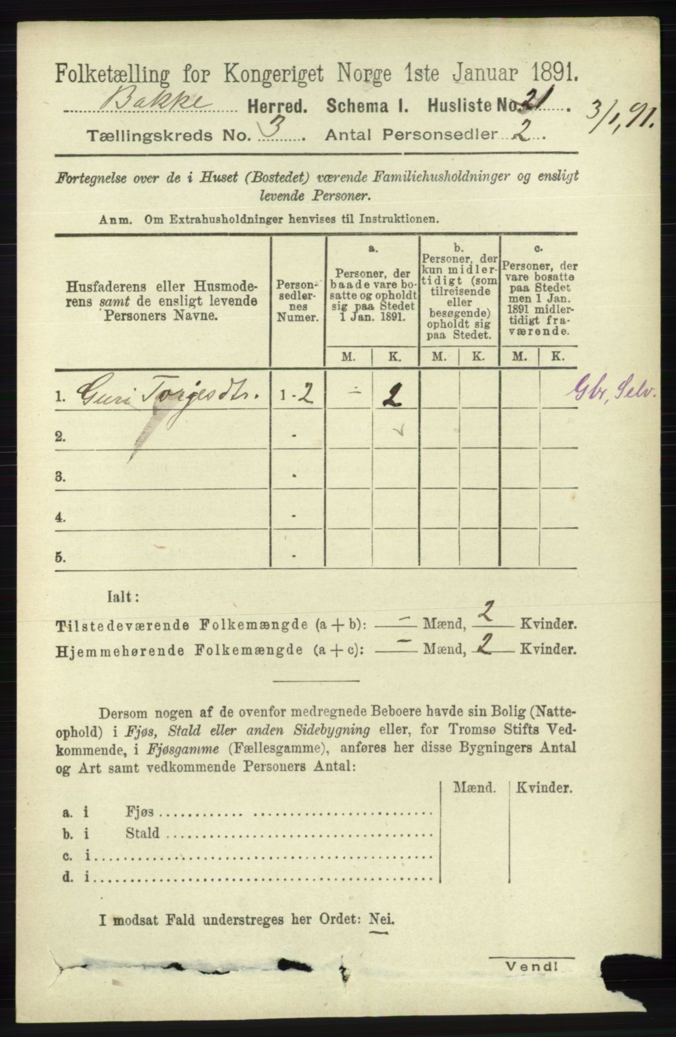 RA, 1891 census for 1045 Bakke, 1891, p. 409