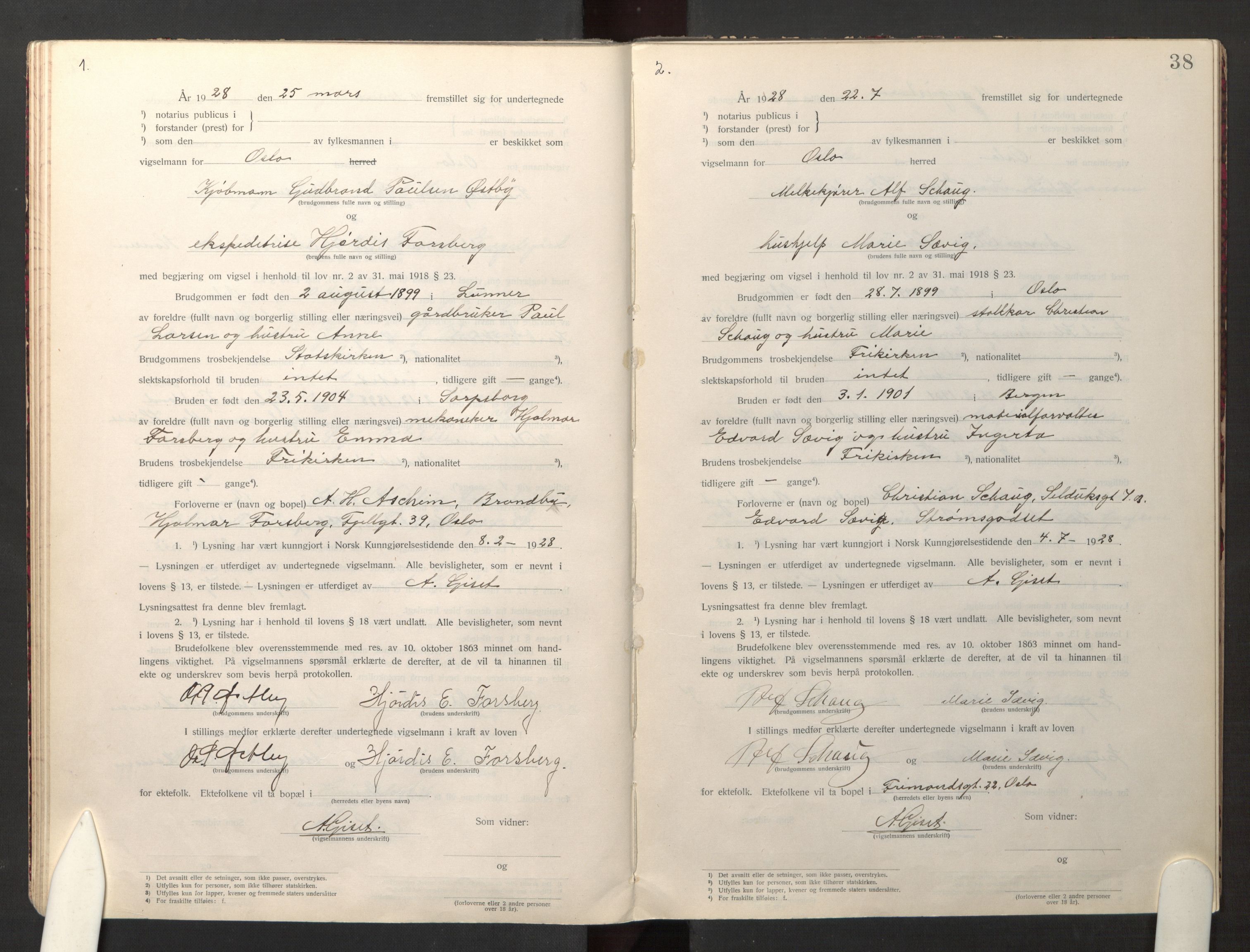 Den evangelisk-lutherske frikirke østre menighet, Oslo, SAO/PAO-0245/F/L0005: Marriage register (dissenter) no. 5, 1920-1941, p. 38