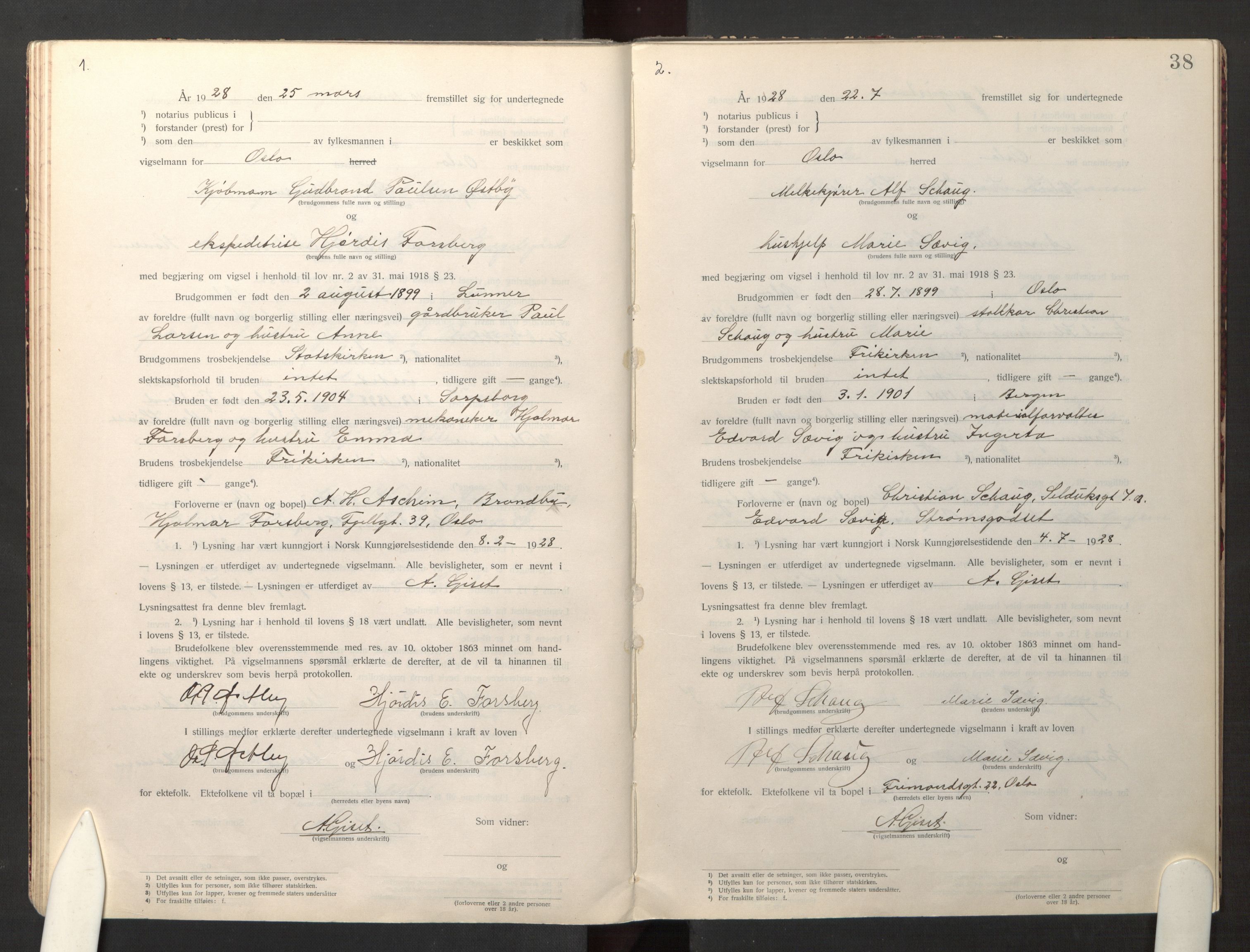 Den evangelisk-lutherske frikirke østre menighet, Oslo, AV/SAO-PAO-0245/F/L0005: Marriage register (dissenter) no. 5, 1920-1941, p. 38