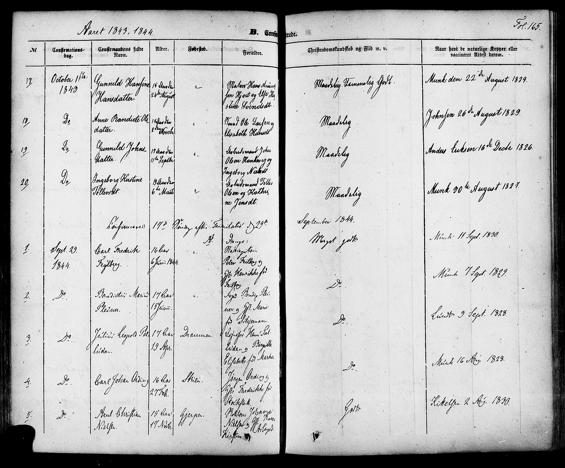 Skien kirkebøker, SAKO/A-302/F/Fa/L0006a: Parish register (official) no. 6A, 1843-1856, p. 165