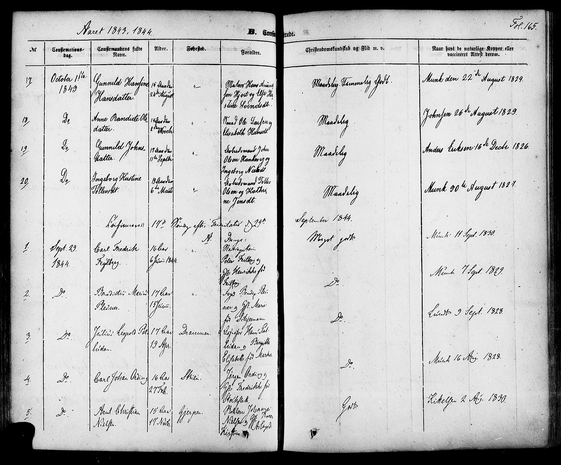 Skien kirkebøker, AV/SAKO-A-302/F/Fa/L0006a: Parish register (official) no. 6A, 1843-1856, p. 165