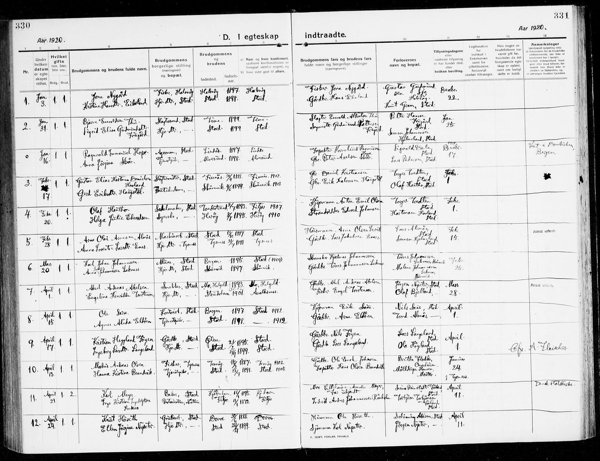 Stord sokneprestembete, SAB/A-78201/H/Haa: Parish register (official) no. B 3, 1913-1925, p. 330-331
