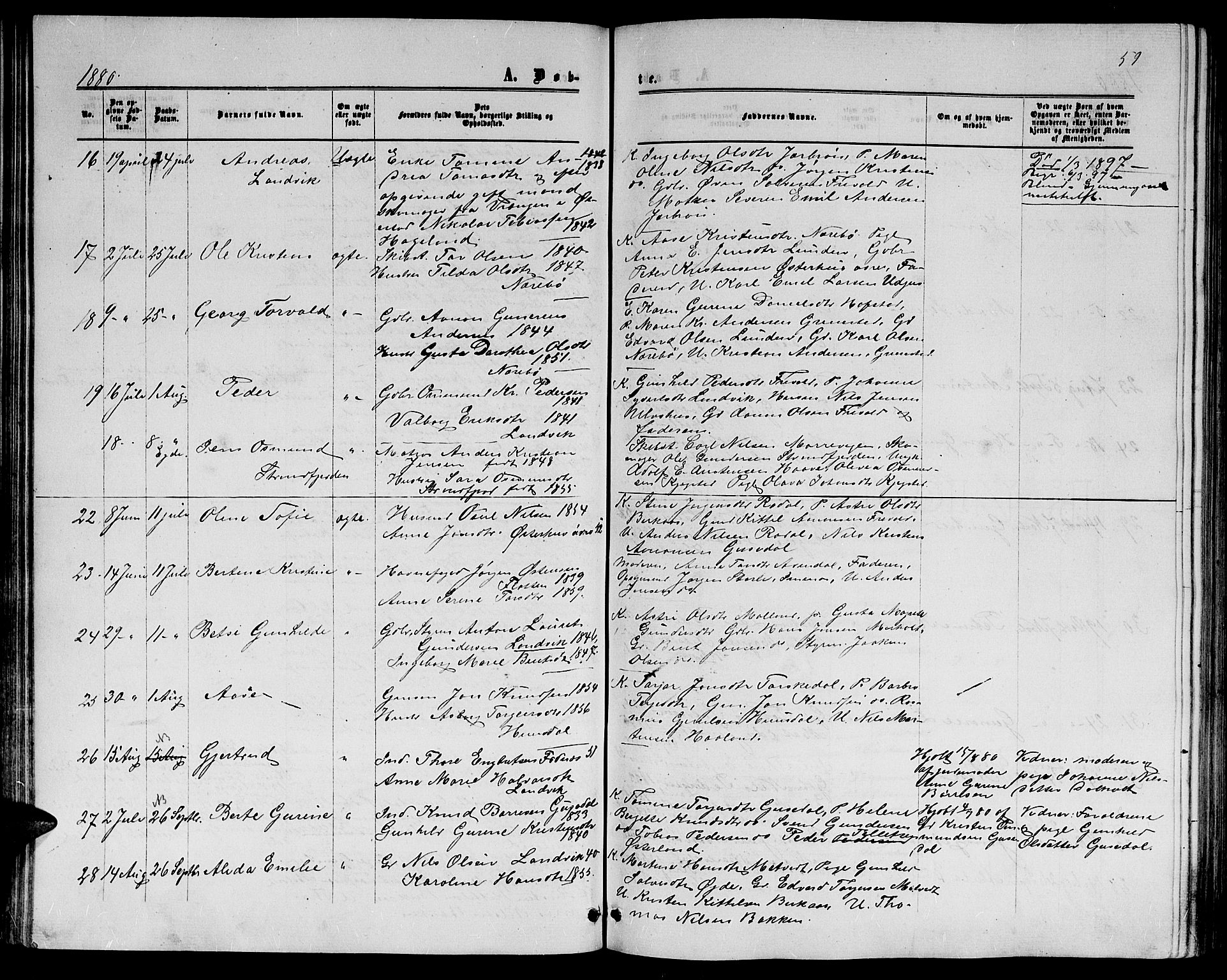 Hommedal sokneprestkontor, AV/SAK-1111-0023/F/Fb/Fbb/L0006: Parish register (copy) no. B 6, 1869-1884, p. 59