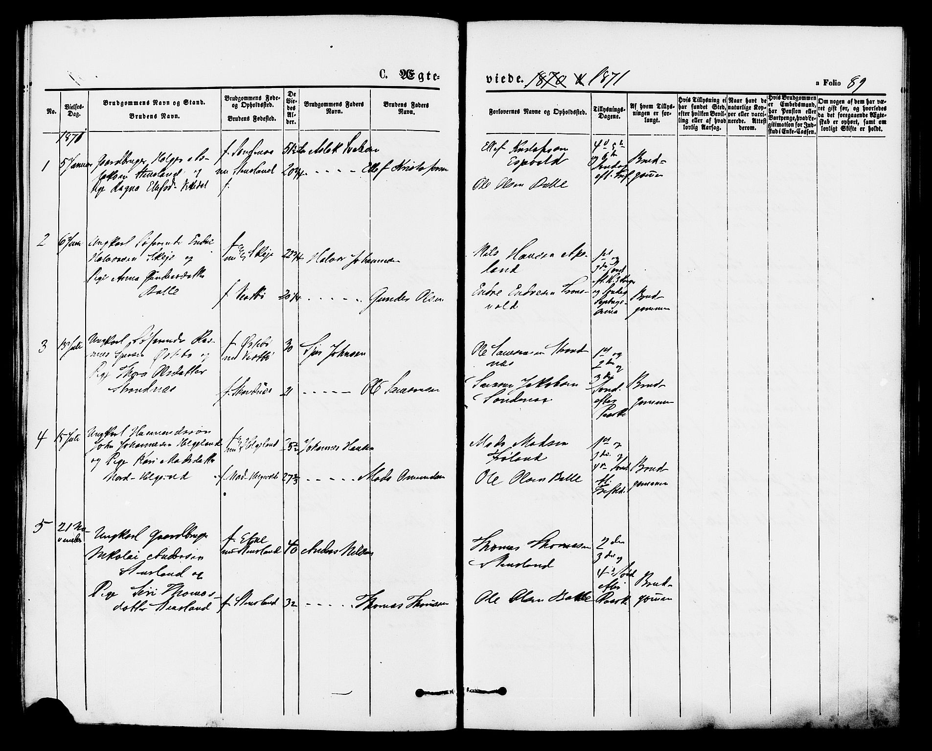 Vikedal sokneprestkontor, SAST/A-101840/01/IV: Parish register (official) no. A 8, 1868-1885, p. 89