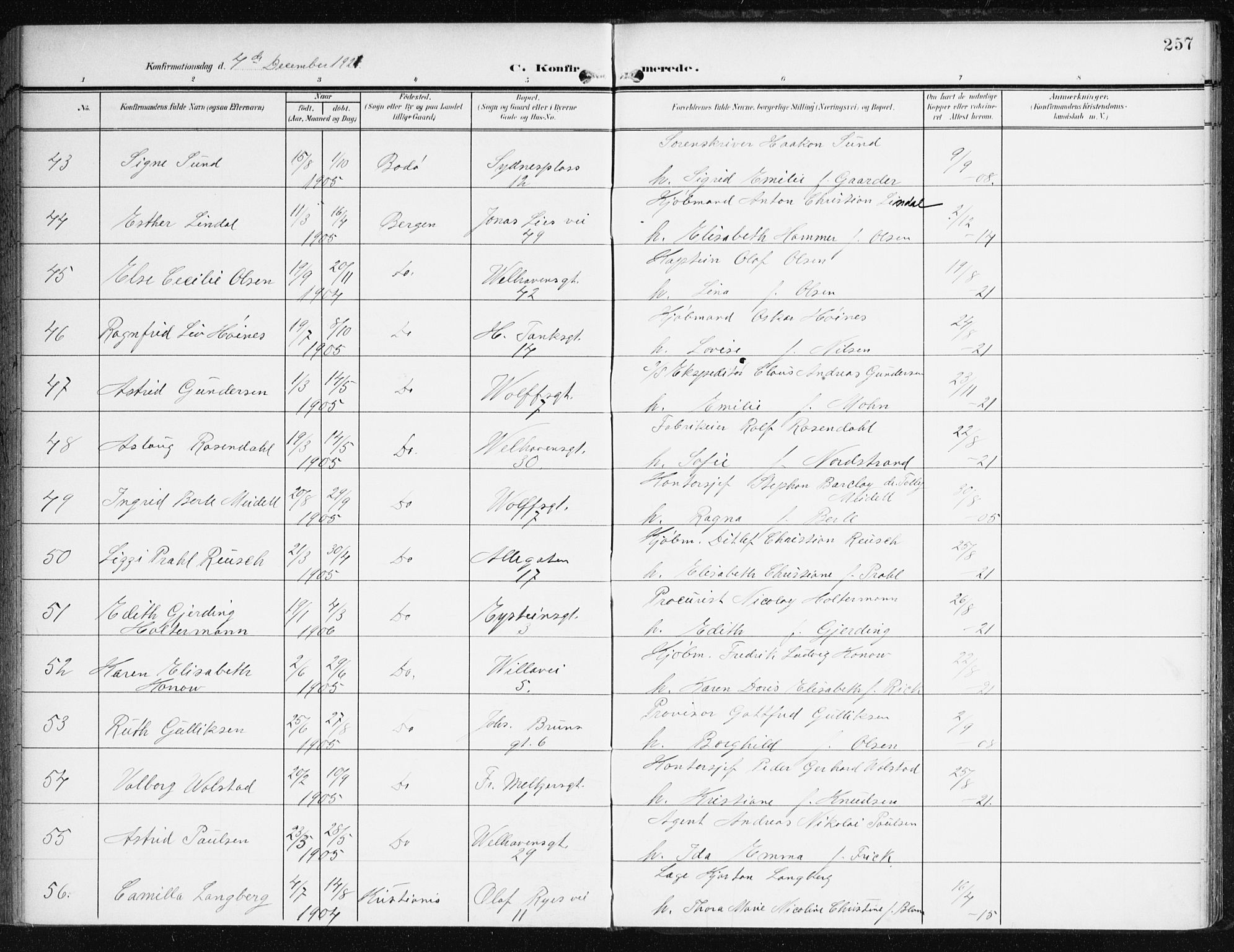 Johanneskirken sokneprestembete, AV/SAB-A-76001/H/Haa/L0009: Parish register (official) no. C 2, 1907-1924, p. 257