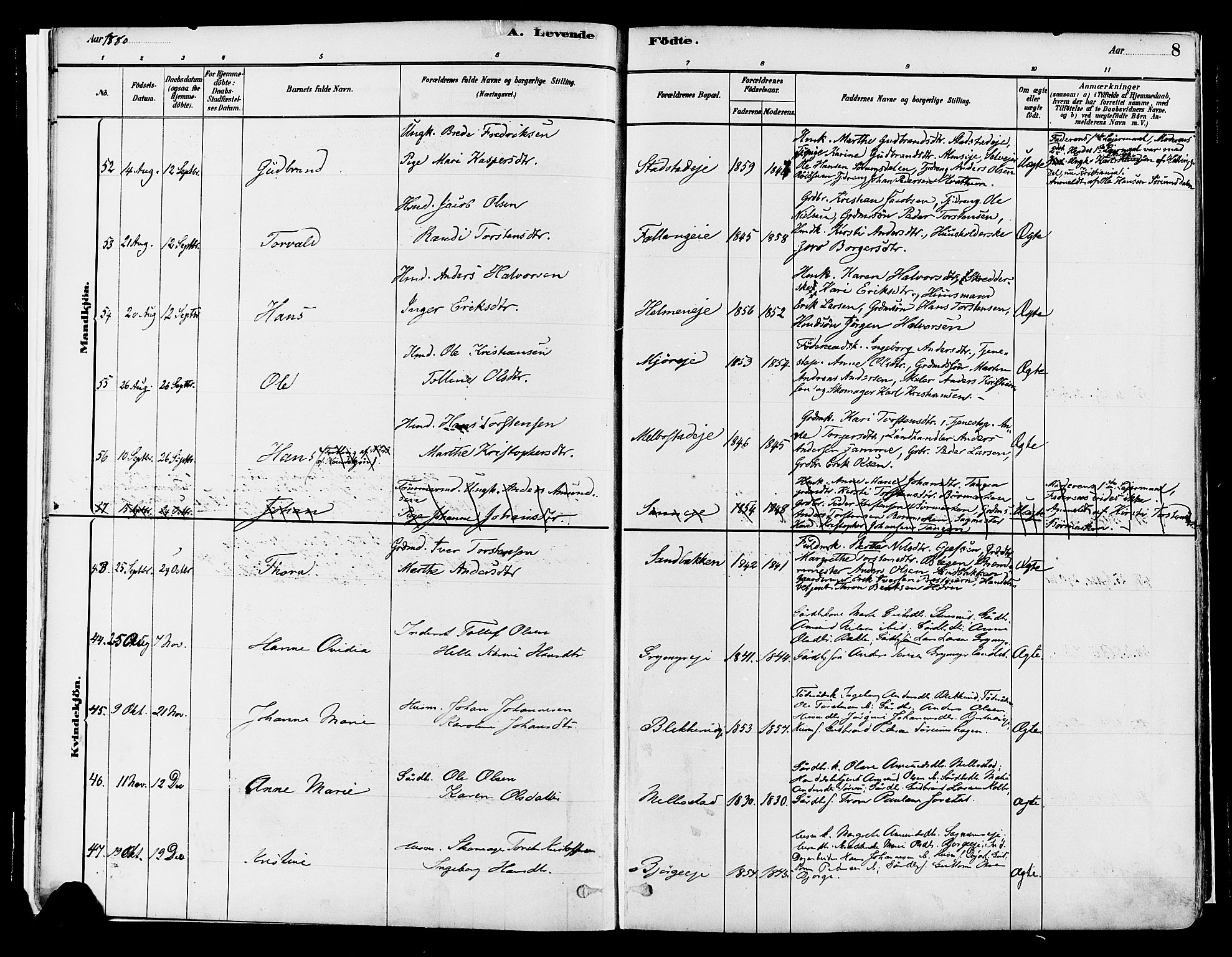 Gran prestekontor, AV/SAH-PREST-112/H/Ha/Haa/L0014: Parish register (official) no. 14, 1880-1889, p. 8