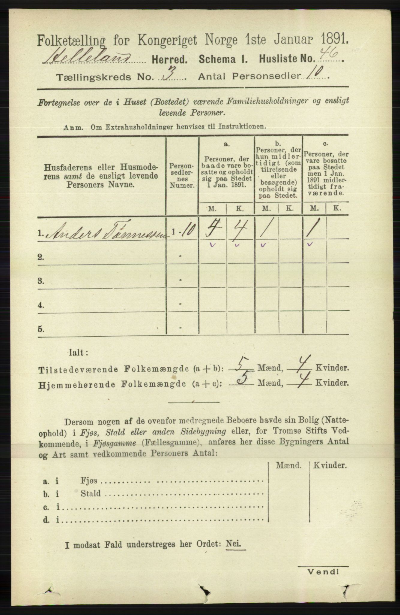 RA, 1891 census for 1115 Helleland, 1891, p. 835