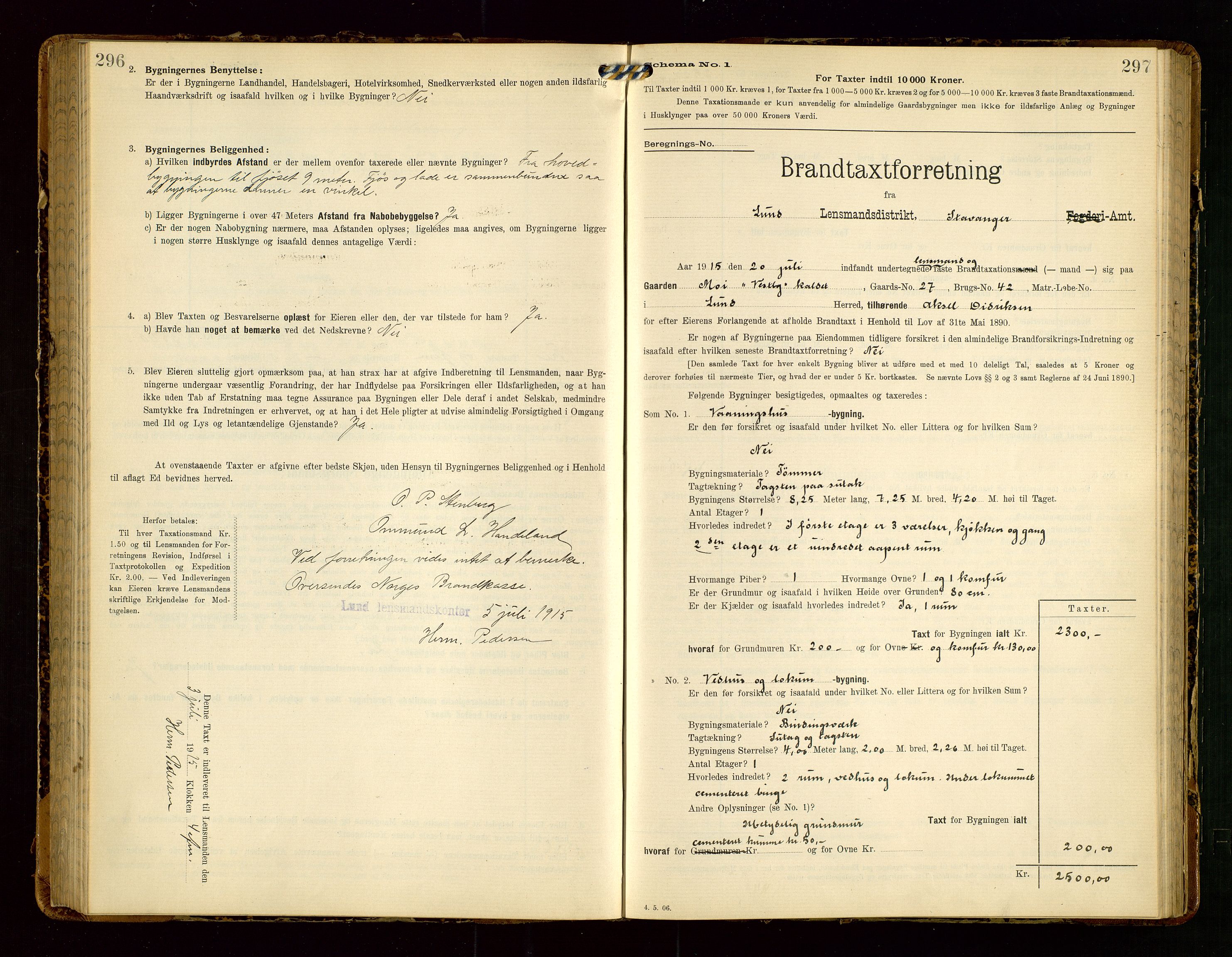 Lund lensmannskontor, AV/SAST-A-100303/Gob/L0002: "Brandtakstprotokol", 1908-1918, p. 296-297