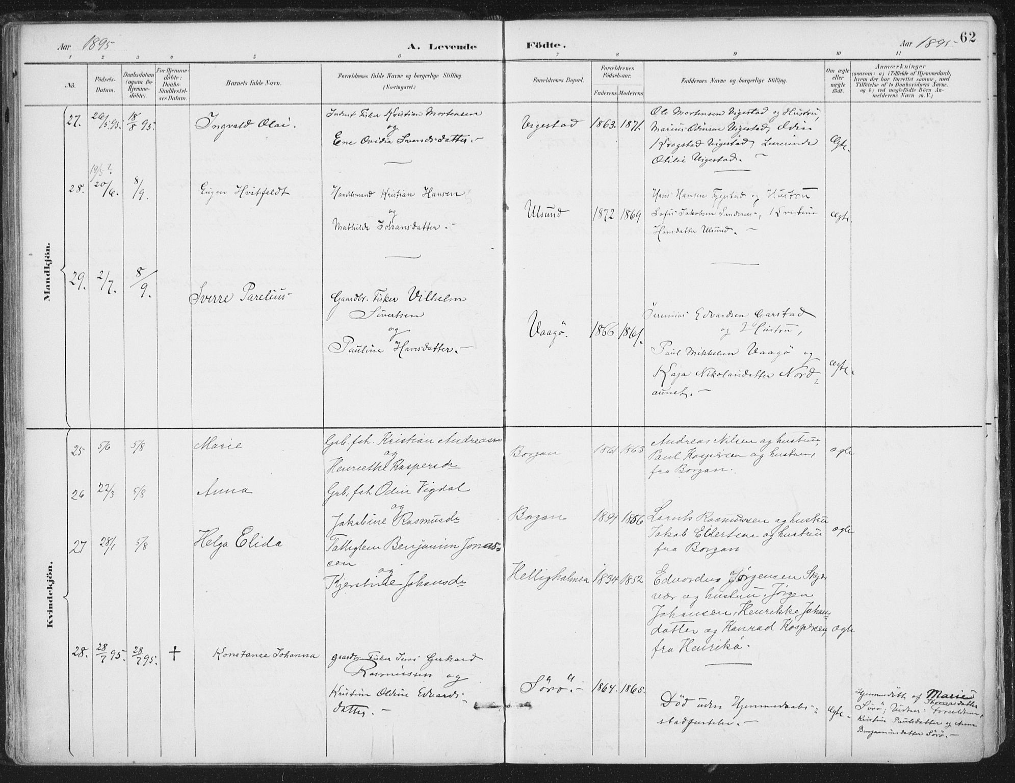 Ministerialprotokoller, klokkerbøker og fødselsregistre - Nord-Trøndelag, AV/SAT-A-1458/786/L0687: Parish register (official) no. 786A03, 1888-1898, p. 62