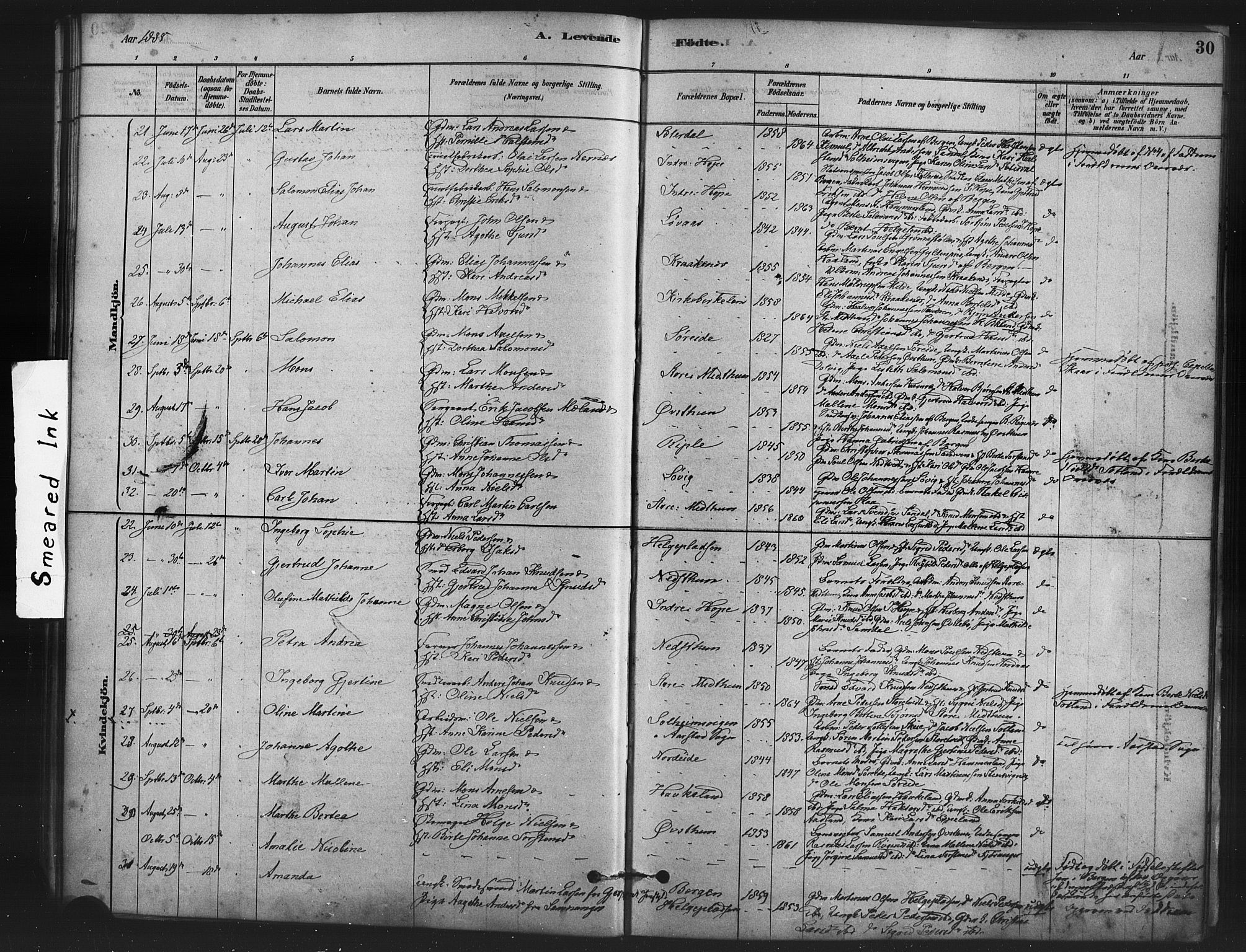 Fana Sokneprestembete, AV/SAB-A-75101/H/Haa/Haai/L0001: Parish register (official) no. I 1, 1878-1888, p. 30