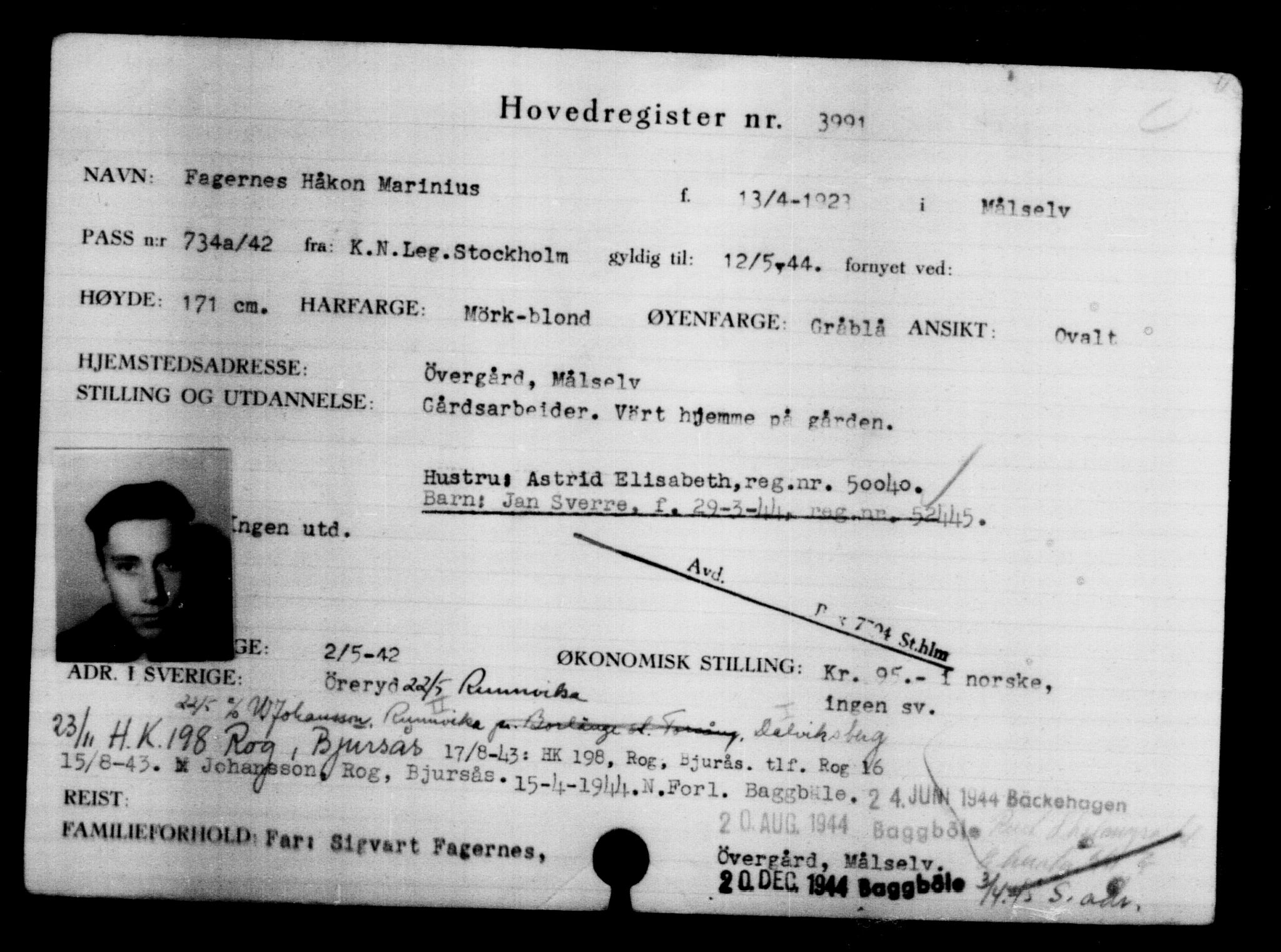 Utenriksstasjonene, Legasjonen i Stockholm, Flyktningkontoret, AV/RA-S-6753/V/Va/L0004: Kjesäterkartoteket, flyktninger med registreringsnr. 3496-6610, 1940-1945, p. 577