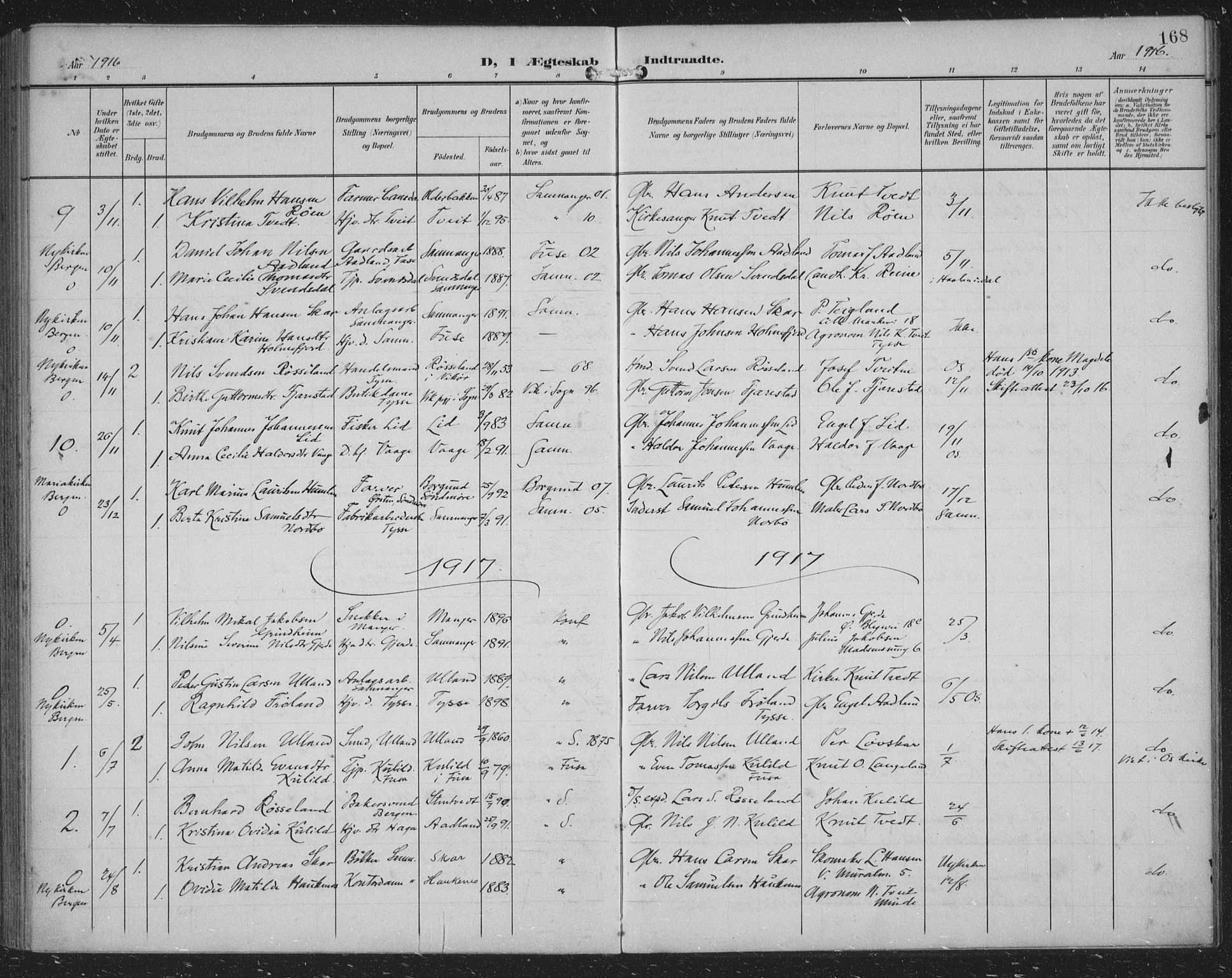 Samnanger Sokneprestembete, AV/SAB-A-77501/H/Haa: Parish register (official) no. A 2, 1902-1918, p. 168