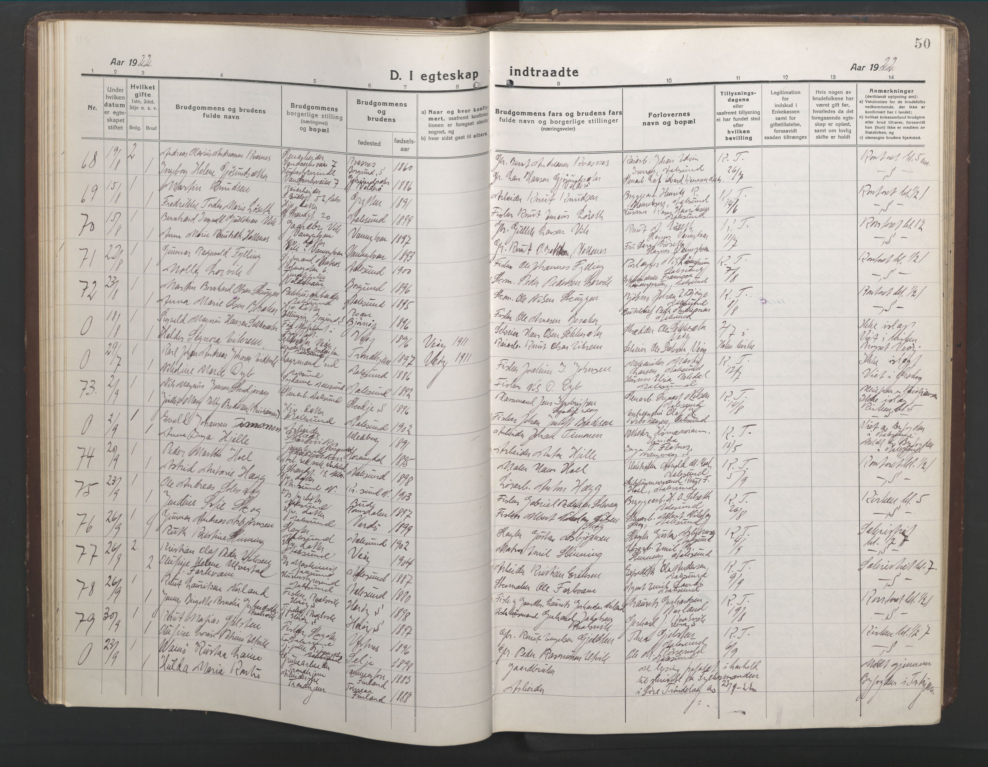 Ministerialprotokoller, klokkerbøker og fødselsregistre - Møre og Romsdal, AV/SAT-A-1454/529/L0473: Parish register (copy) no. 529C10, 1918-1941, p. 50